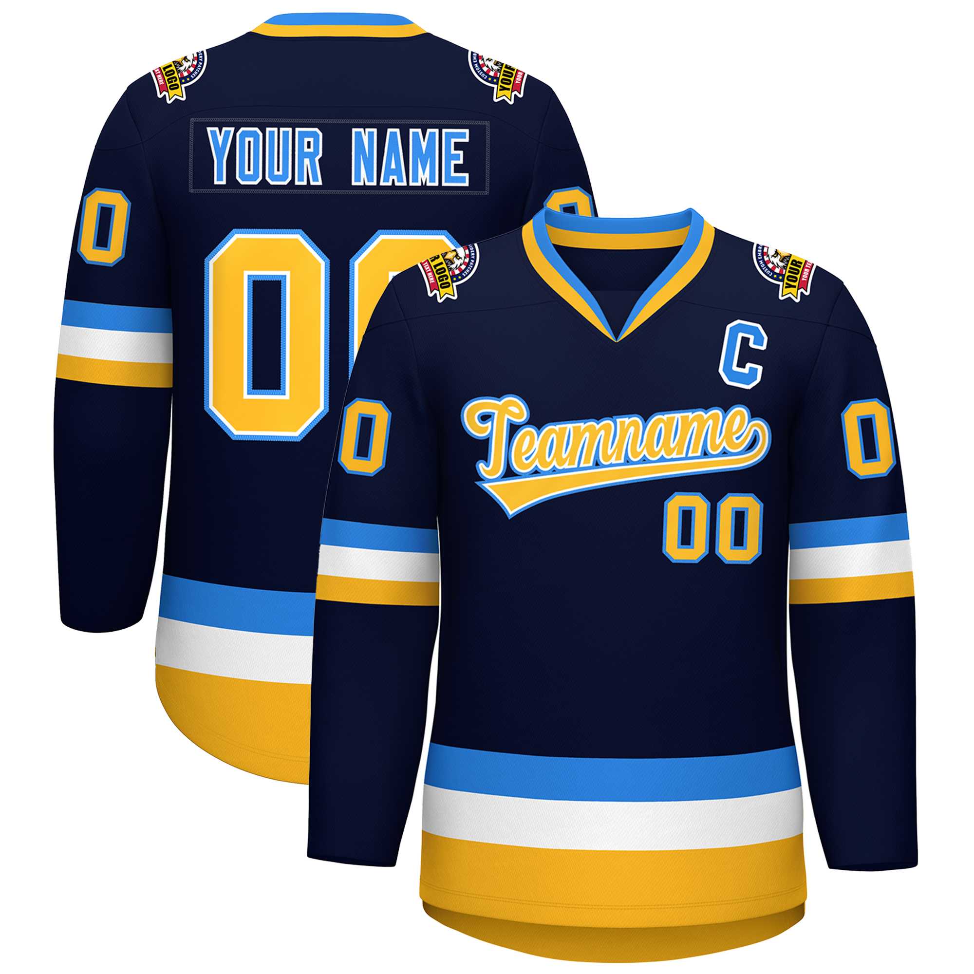 Maillot de hockey de style classique personnalisé bleu marine or blanc-poudre