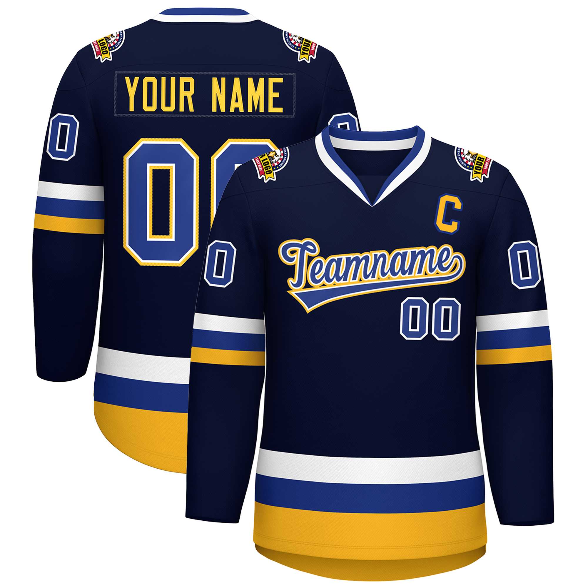 Custom Navy Royal White-Gold Classic Style Hockey Jersey