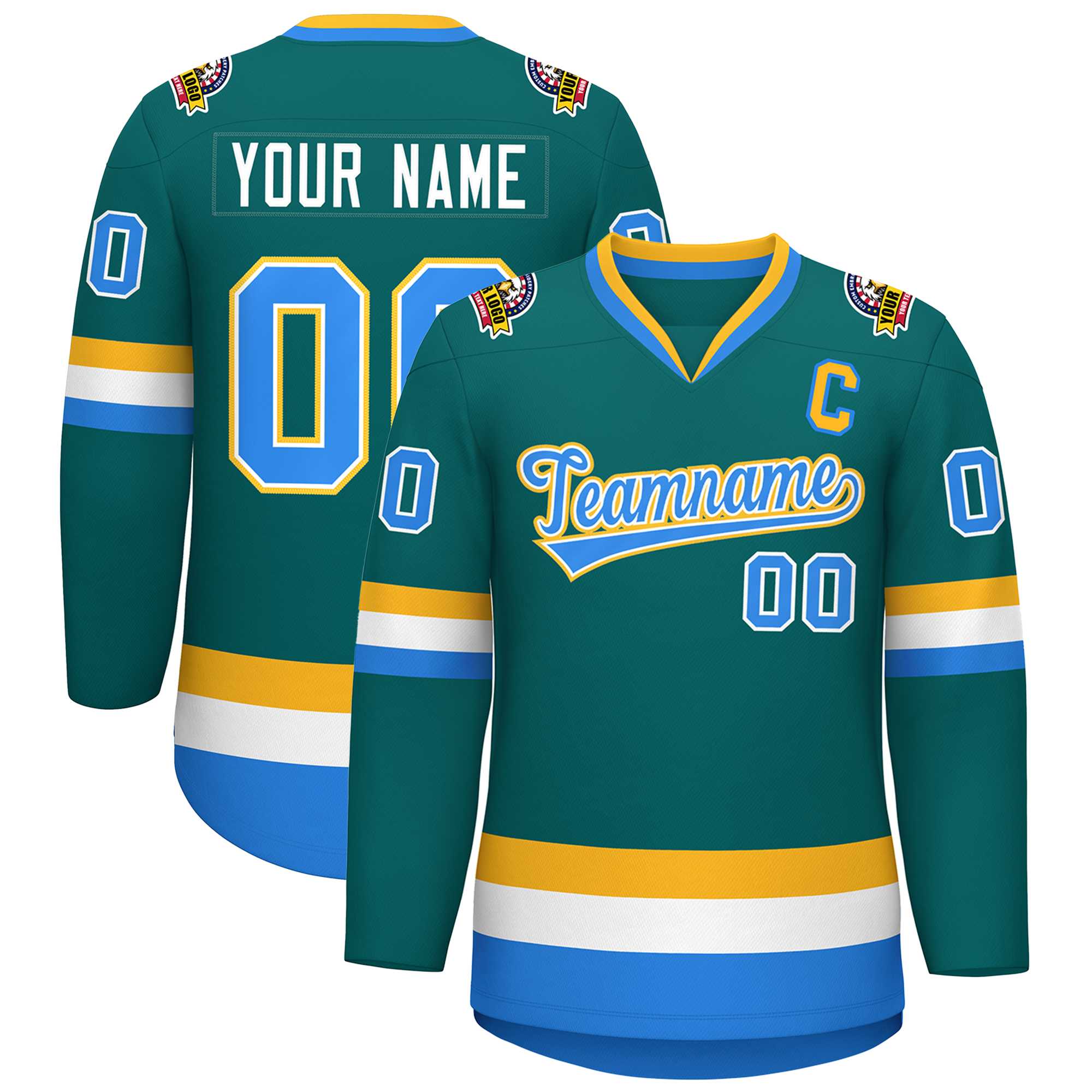 Custom Teal Powder Blue White-Gold Classic Style Hockey Jersey