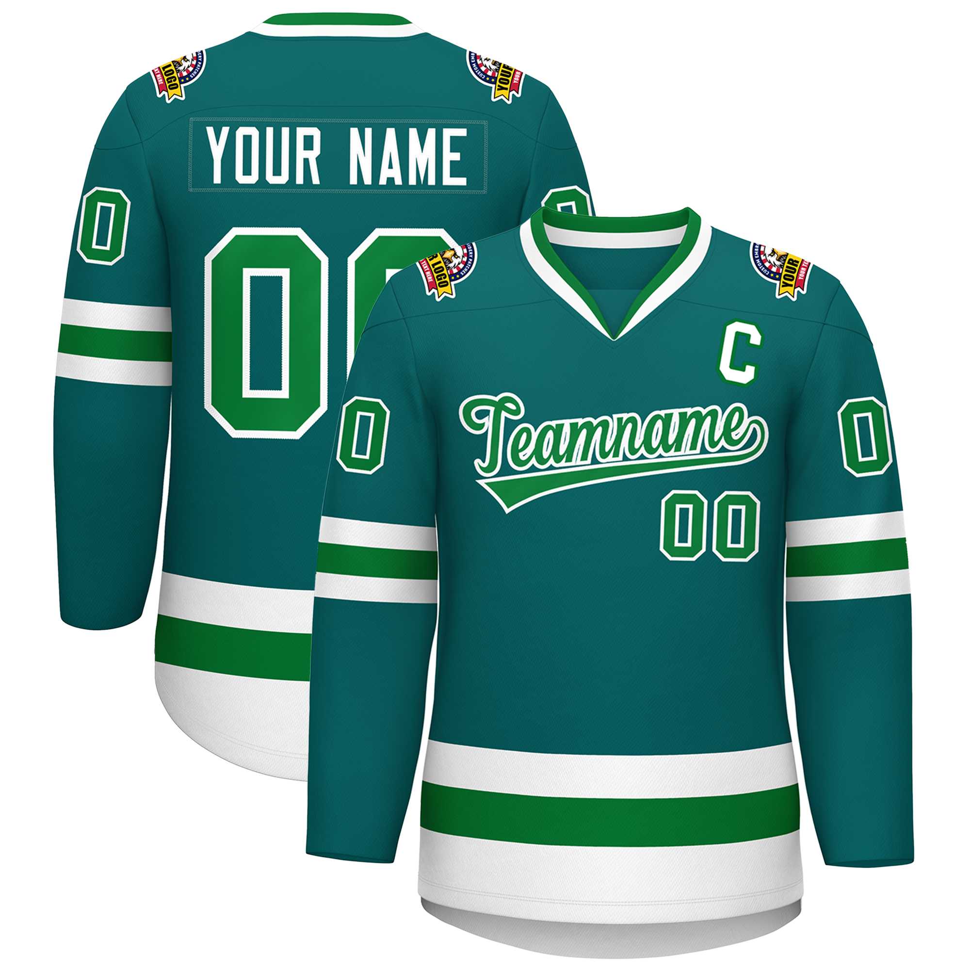 Custom Teal Kelly Green-White Classic Style Hockey Jersey