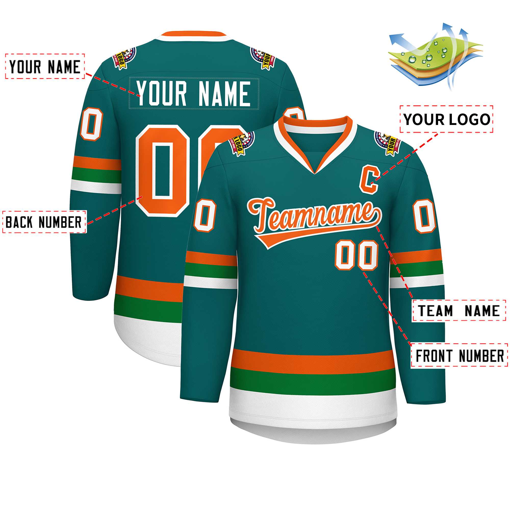 Custom Teal Orange-White Classic Style Hockey Jersey