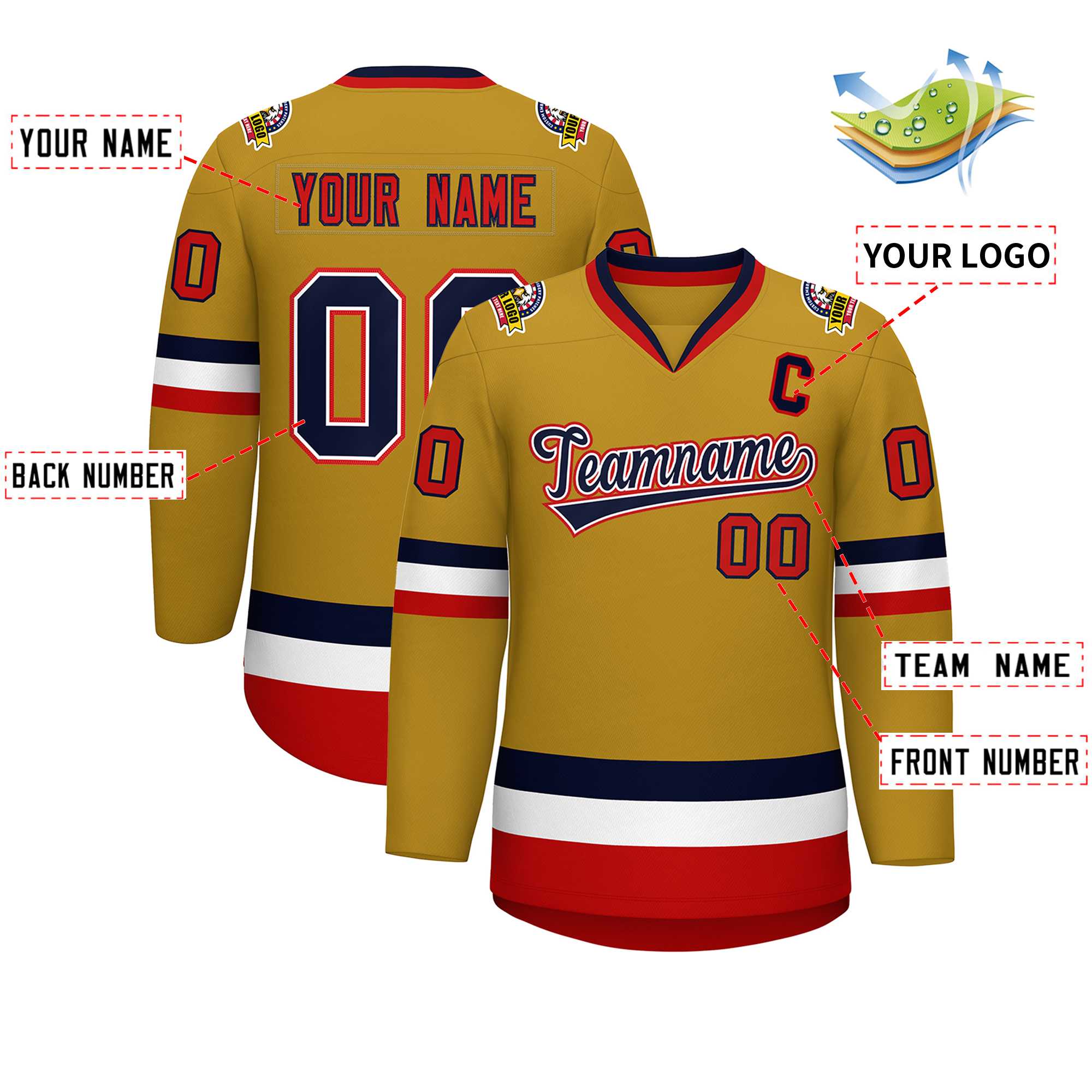 Maillot de hockey personnalisé de style classique blanc-rouge Old Gold Navy