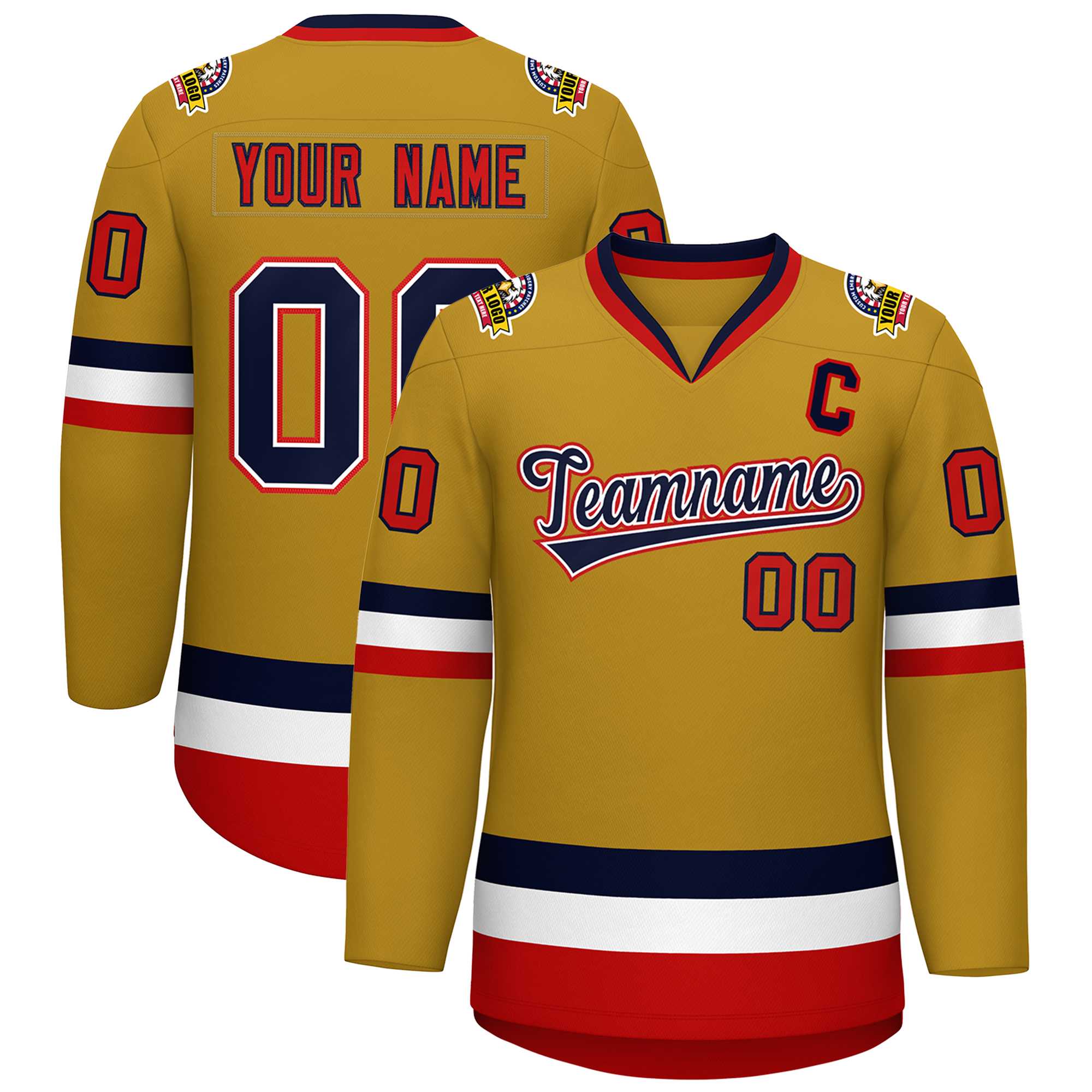 Custom Old Gold Navy White-Red Classic Style Hockey Jersey