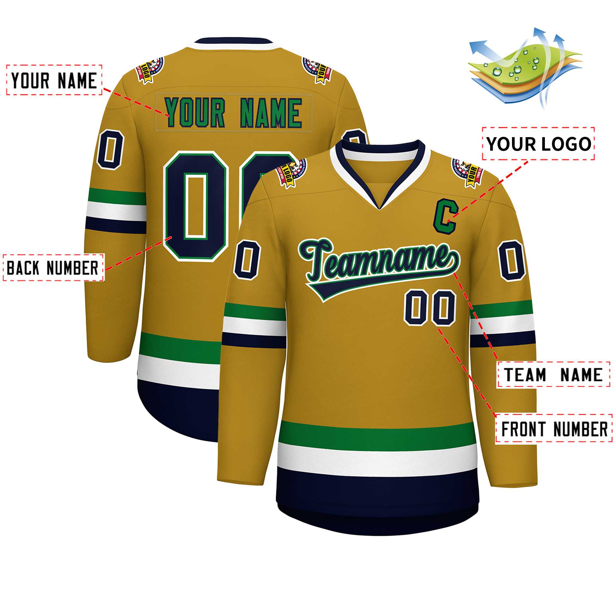 Maillot de hockey personnalisé Old Gold Navy Kelly vert-blanc, Style classique