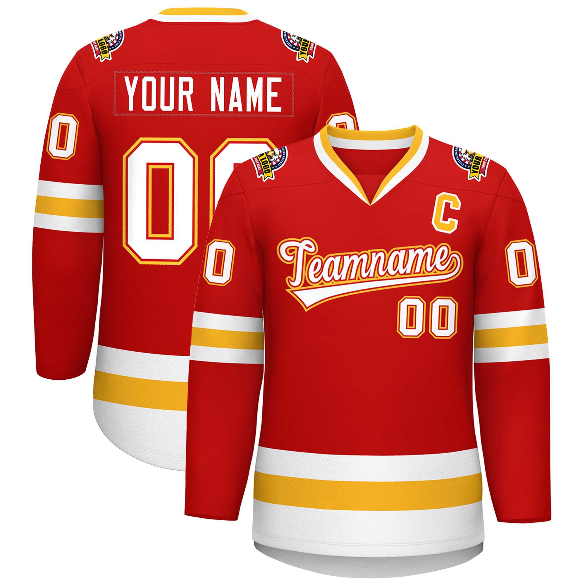 Custom Red White Red-Gold Classic Style Hockey Jersey