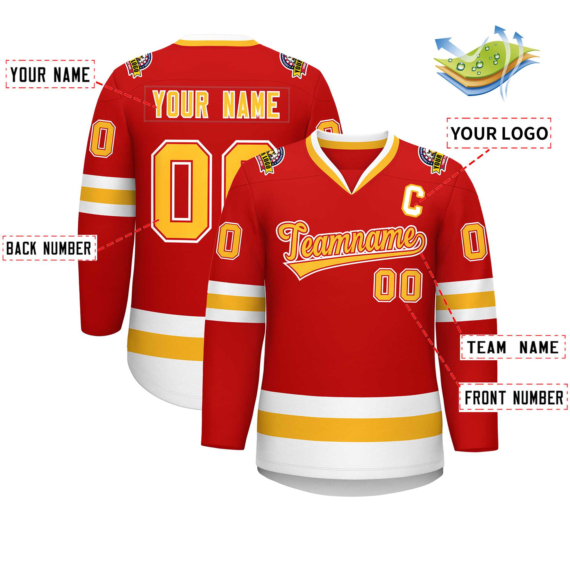 Custom Red Gold Red-White Classic Style Hockey Jersey