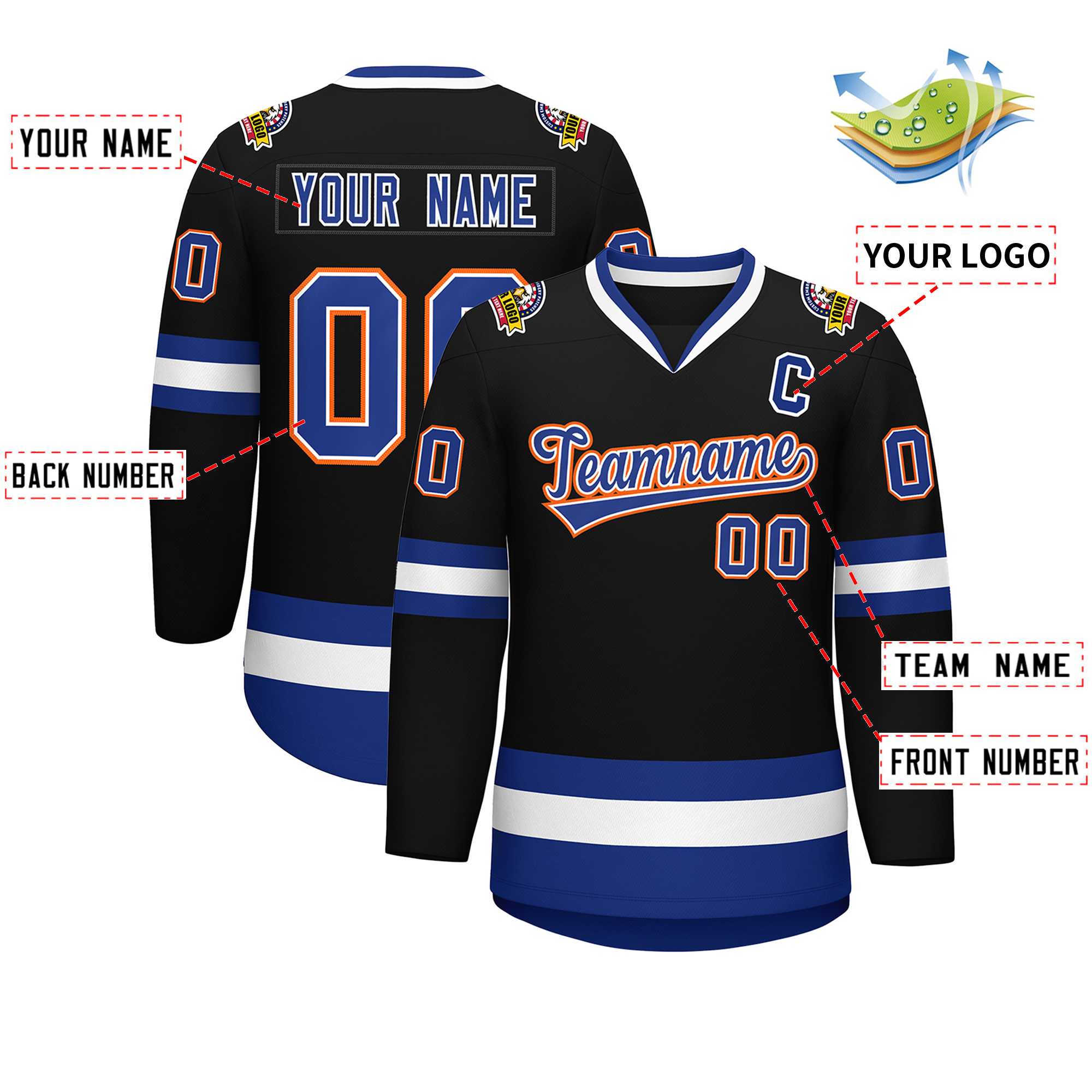 Custom Black Royal White-Orange Classic Style Hockey Jersey