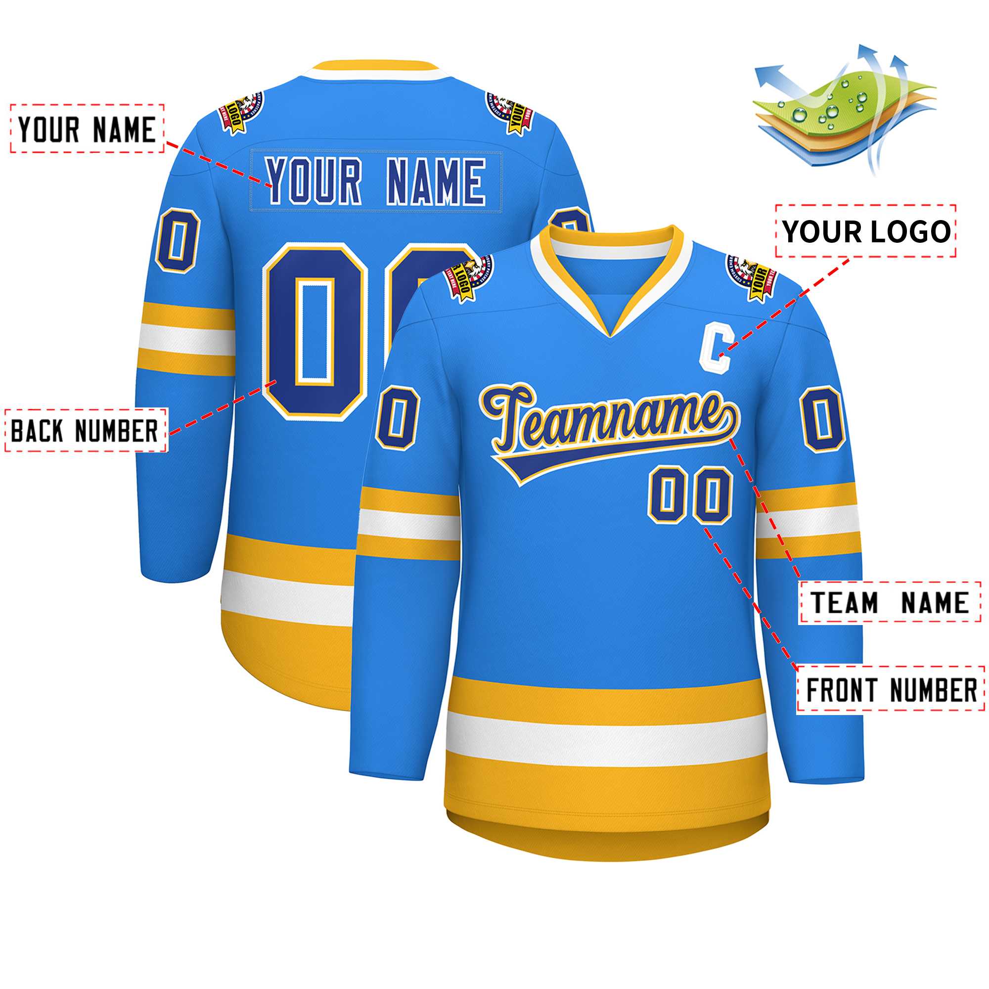 Custom Powder Blue Royal Gold-White Classic Style Hockey Jersey