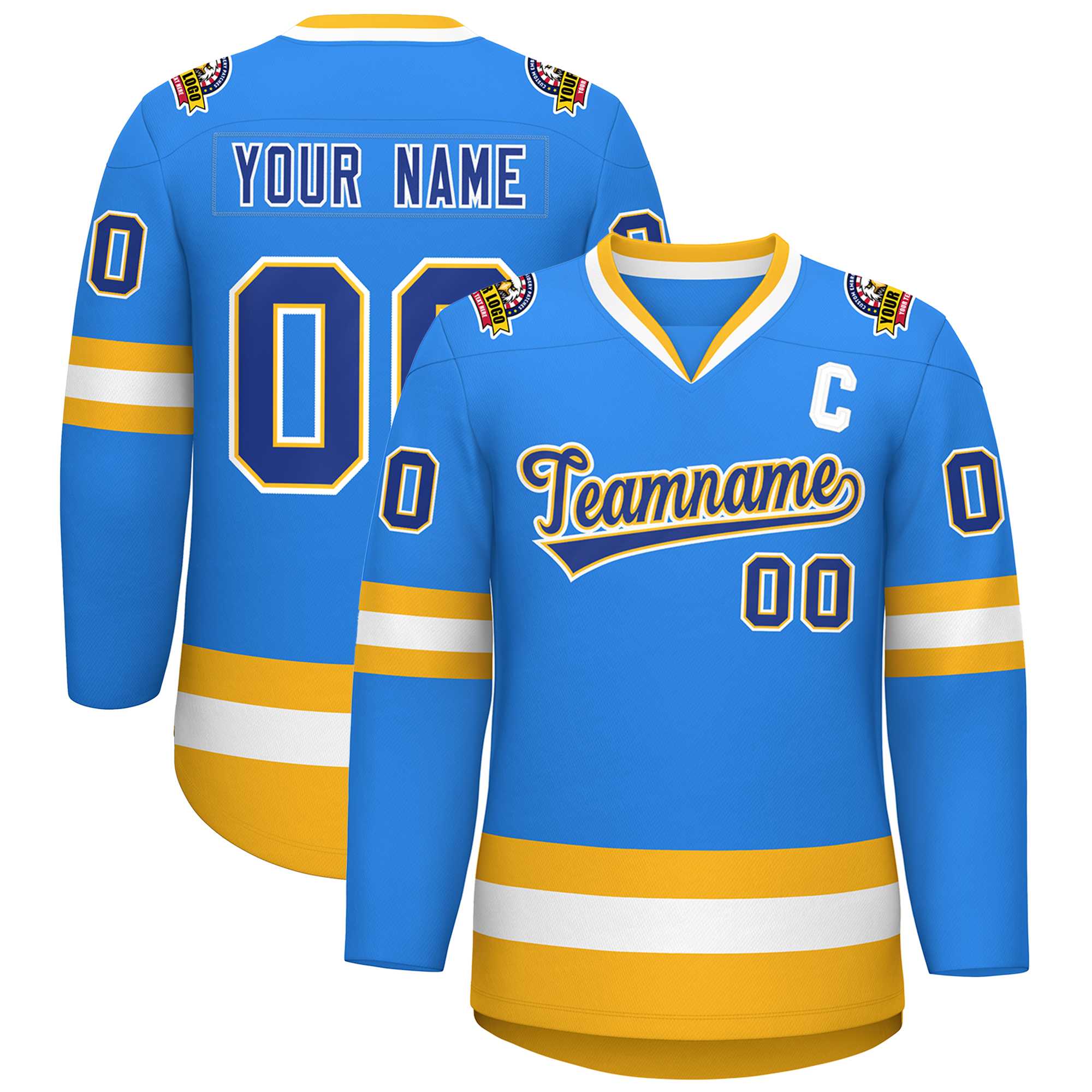 Custom Powder Blue Royal Gold-White Classic Style Hockey Jersey