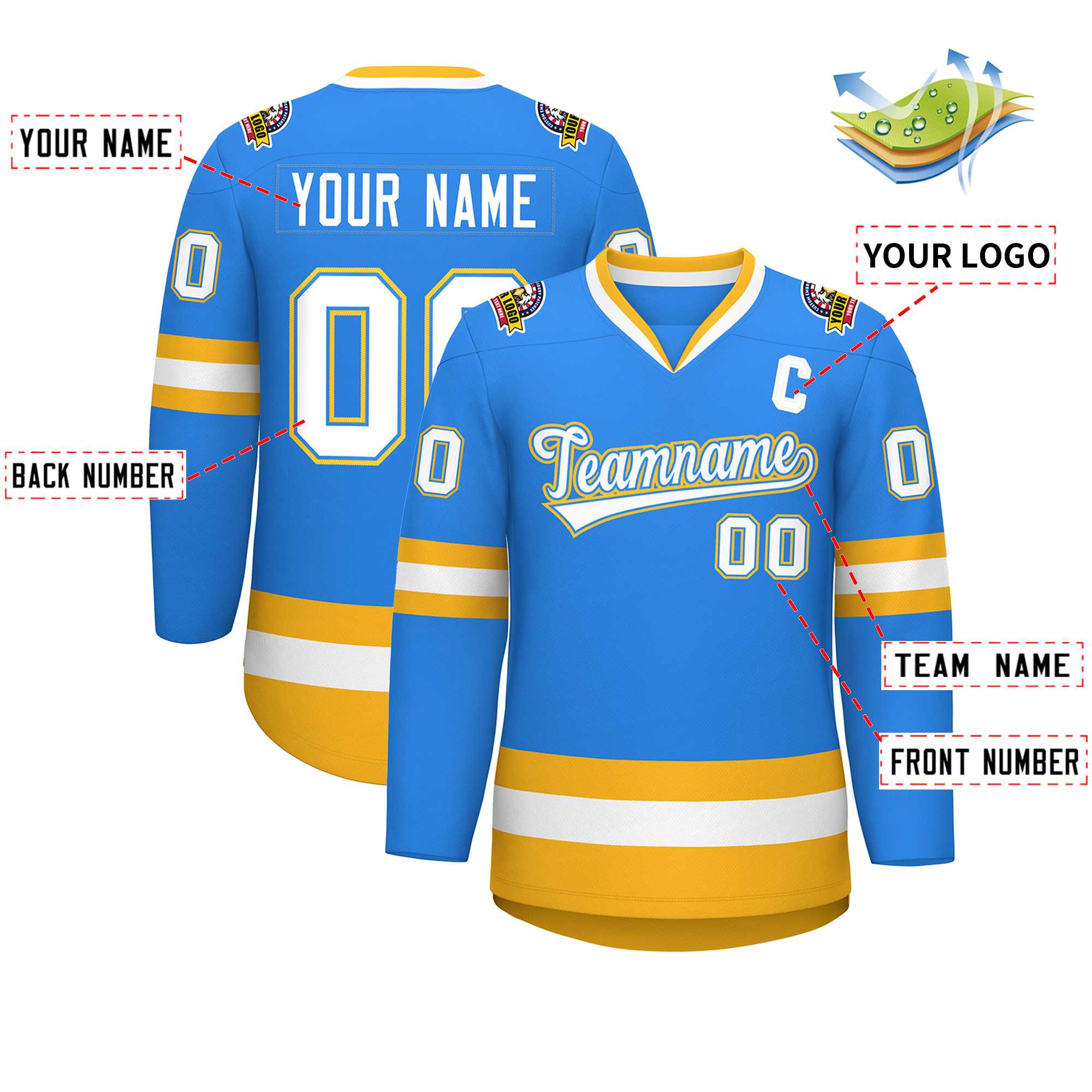 Custom Powder Blue White Powder Blue-Gold Classic Style Hockey Jersey