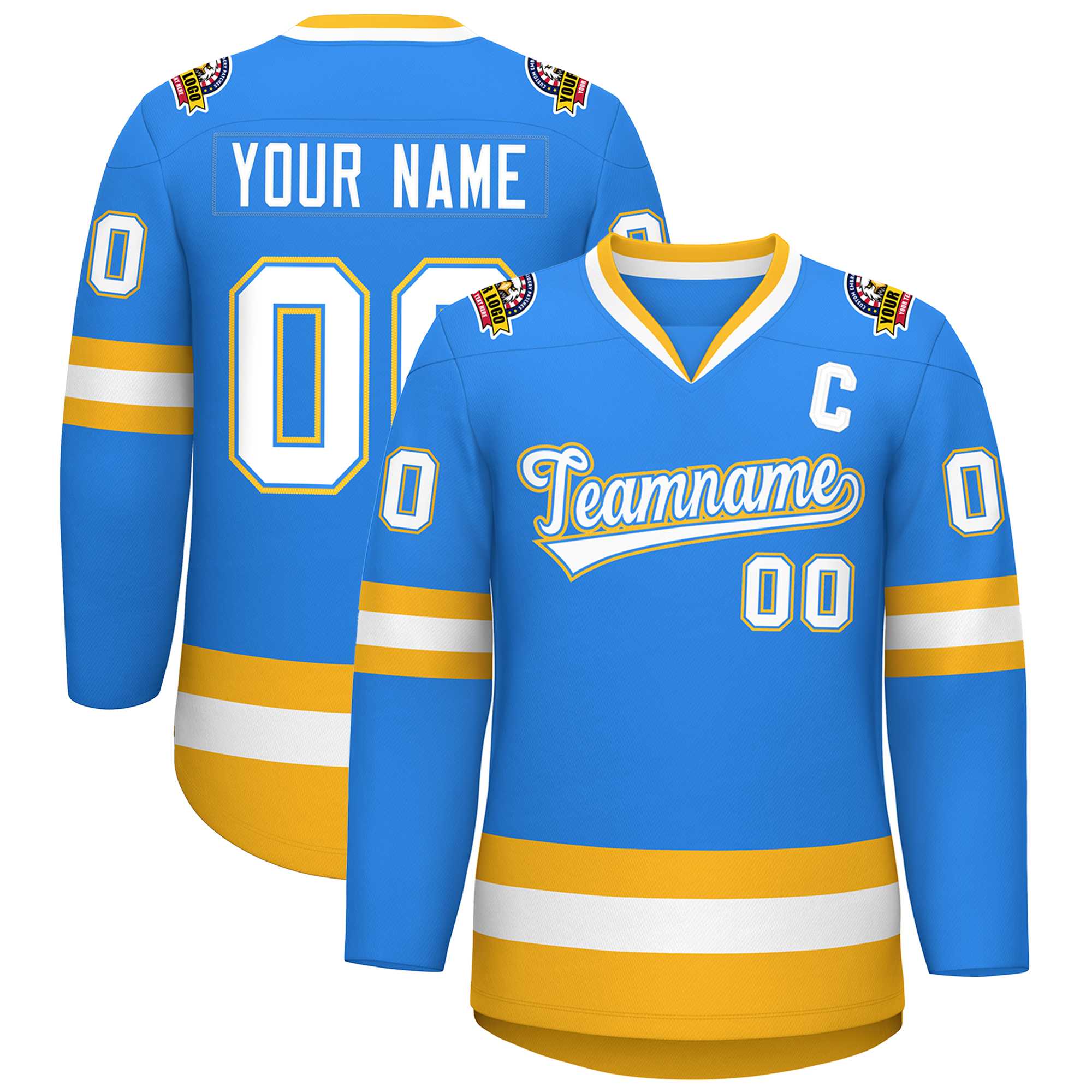 Custom Powder Blue White Powder Blue-Gold Classic Style Hockey Jersey