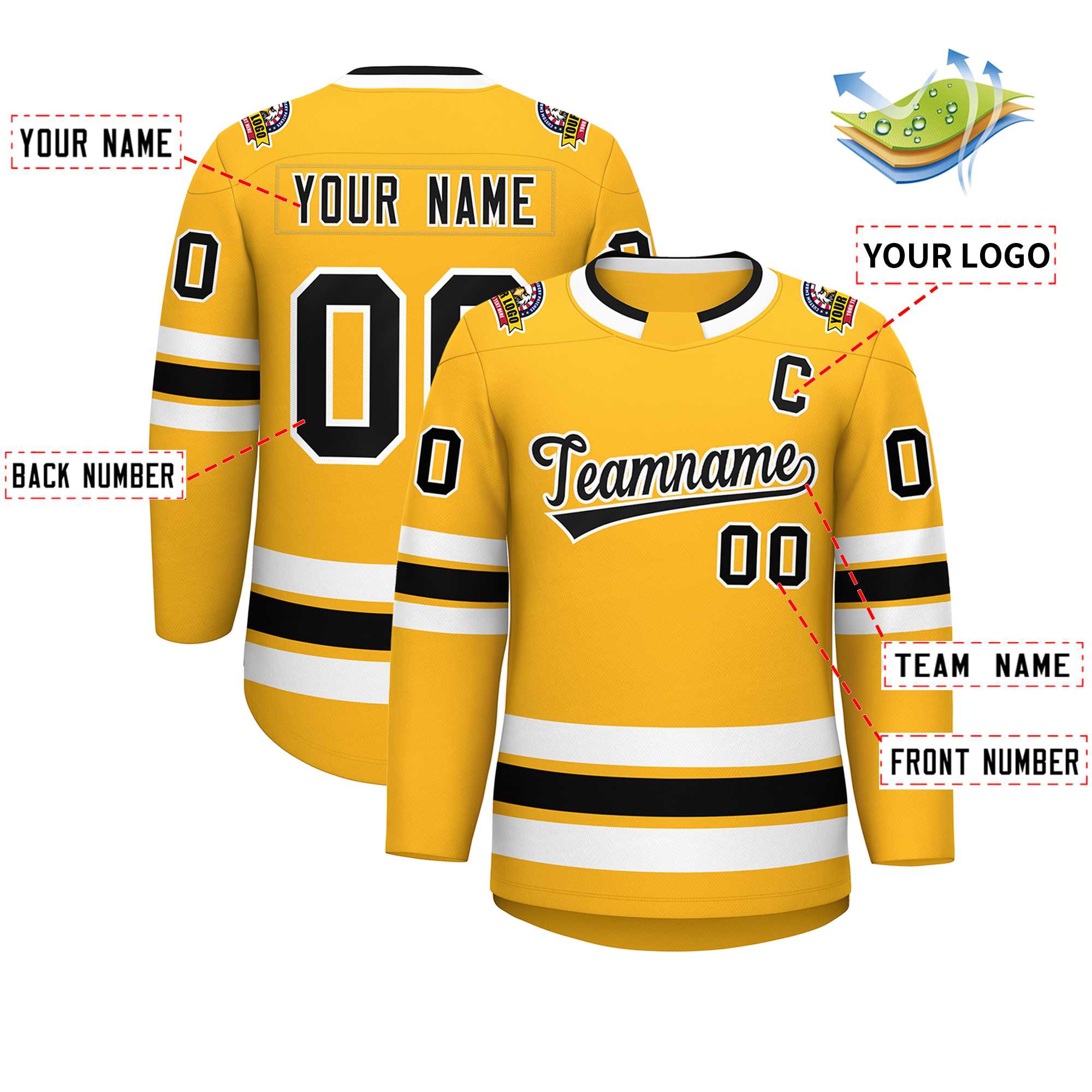 Custom Gold Black-White Classic Style Hockey Jersey