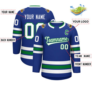 Custom Royal White-Kelly Green Classic Style Hockey Jersey