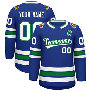 Custom Royal White-Kelly Green Classic Style Hockey Jersey