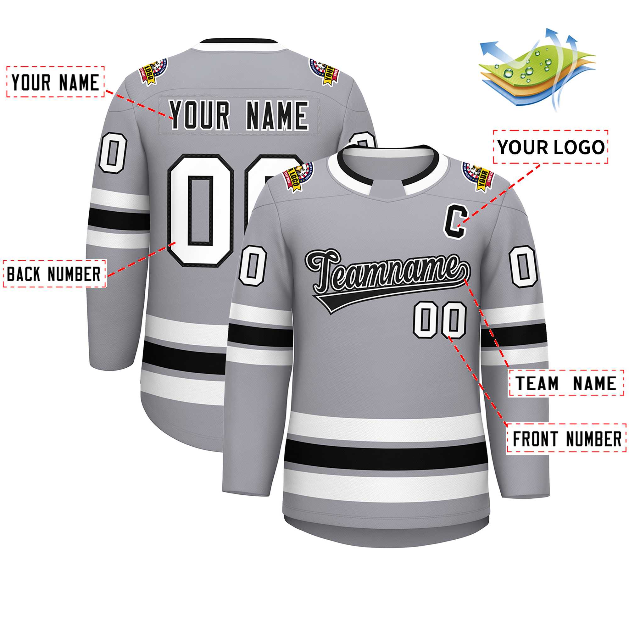 Maillot de hockey de style classique personnalisé gris noir blanc-noir