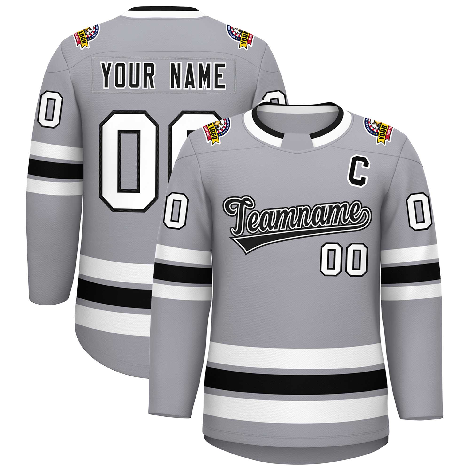 Custom Gray Black White-Black Classic Style Hockey Jersey