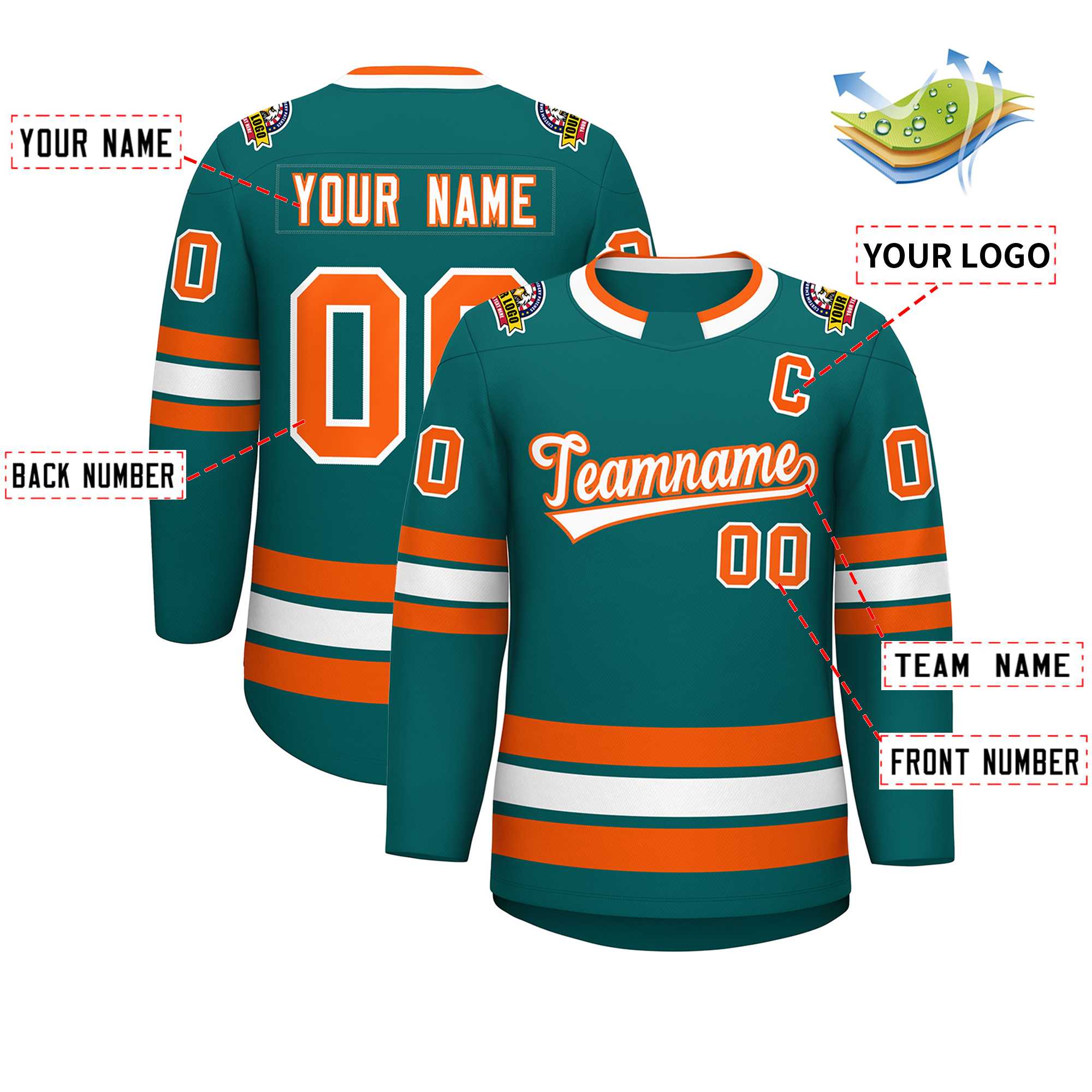 Custom Teal White-Orange Classic Style Hockey Jersey