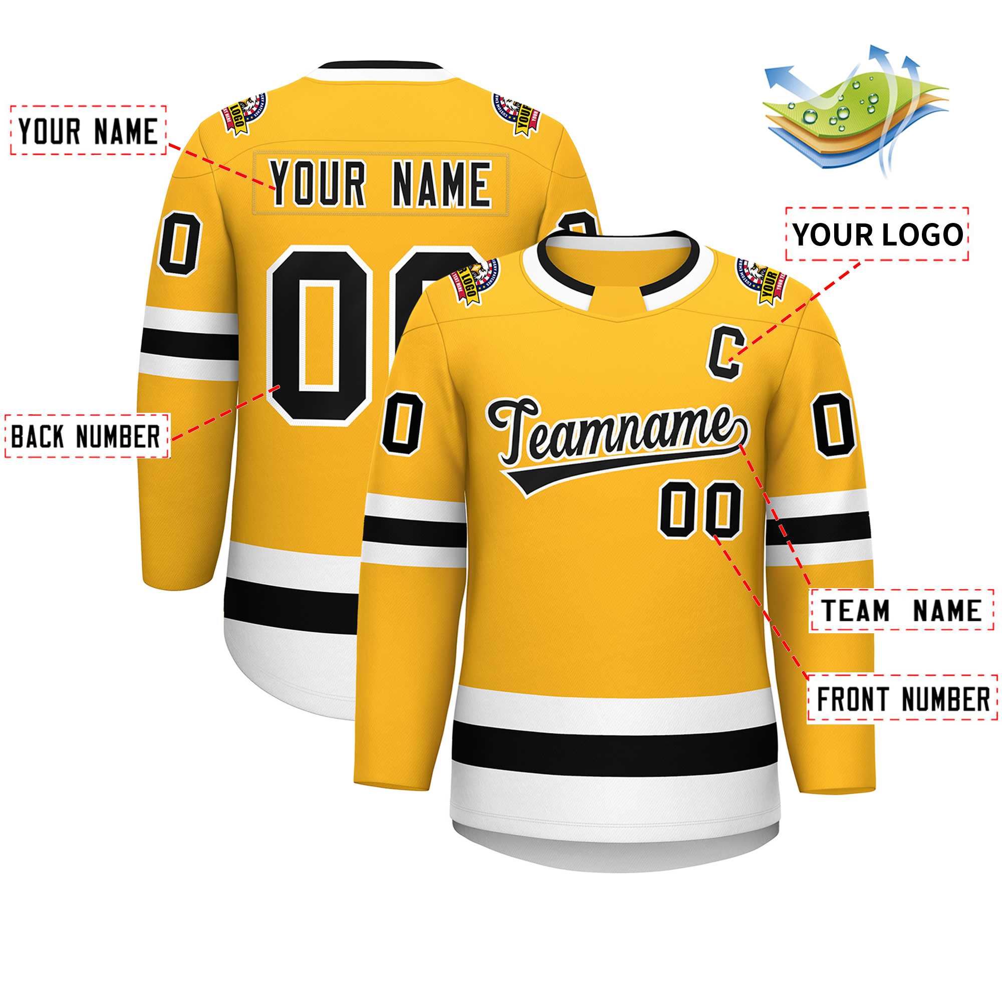 Custom Gold Black-White Classic Style Hockey Jersey