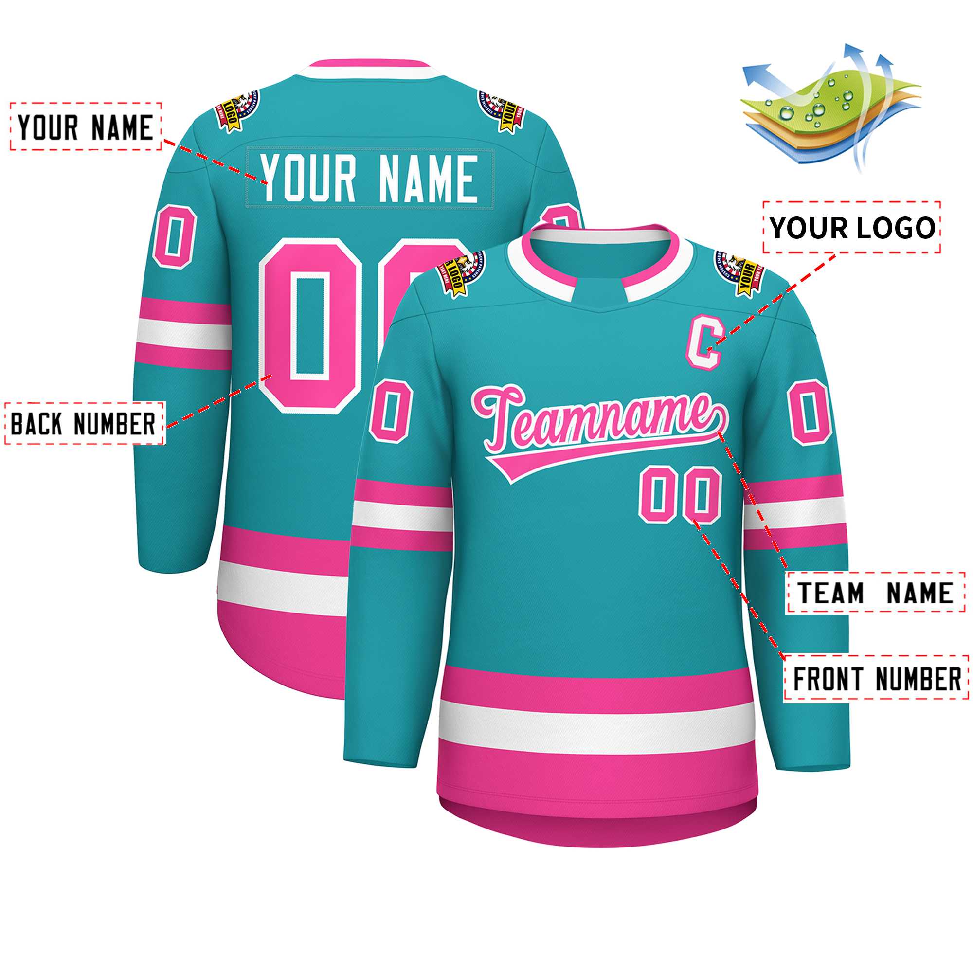 Maillot de hockey de style classique Aqua rose-blanc personnalisé