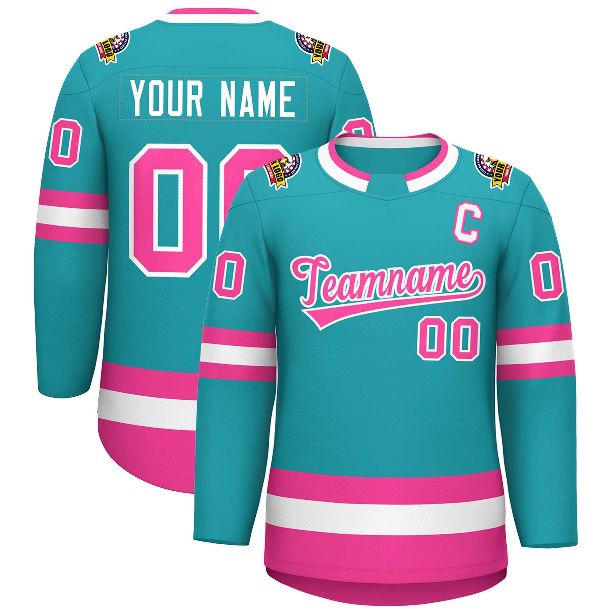 Maillot de hockey de style classique Aqua rose-blanc personnalisé