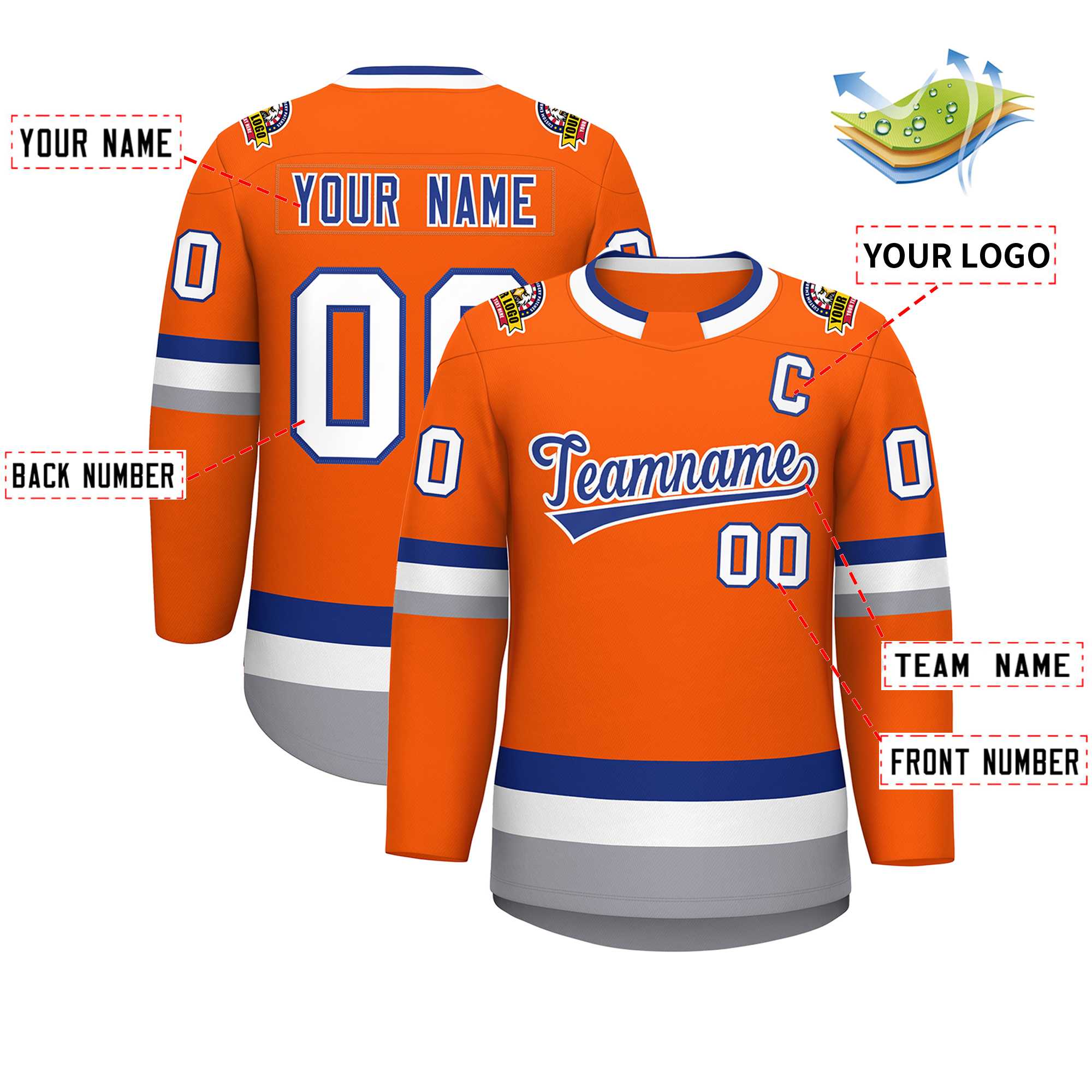 Custom Orange Royal-White Classic Style Hockey Jersey