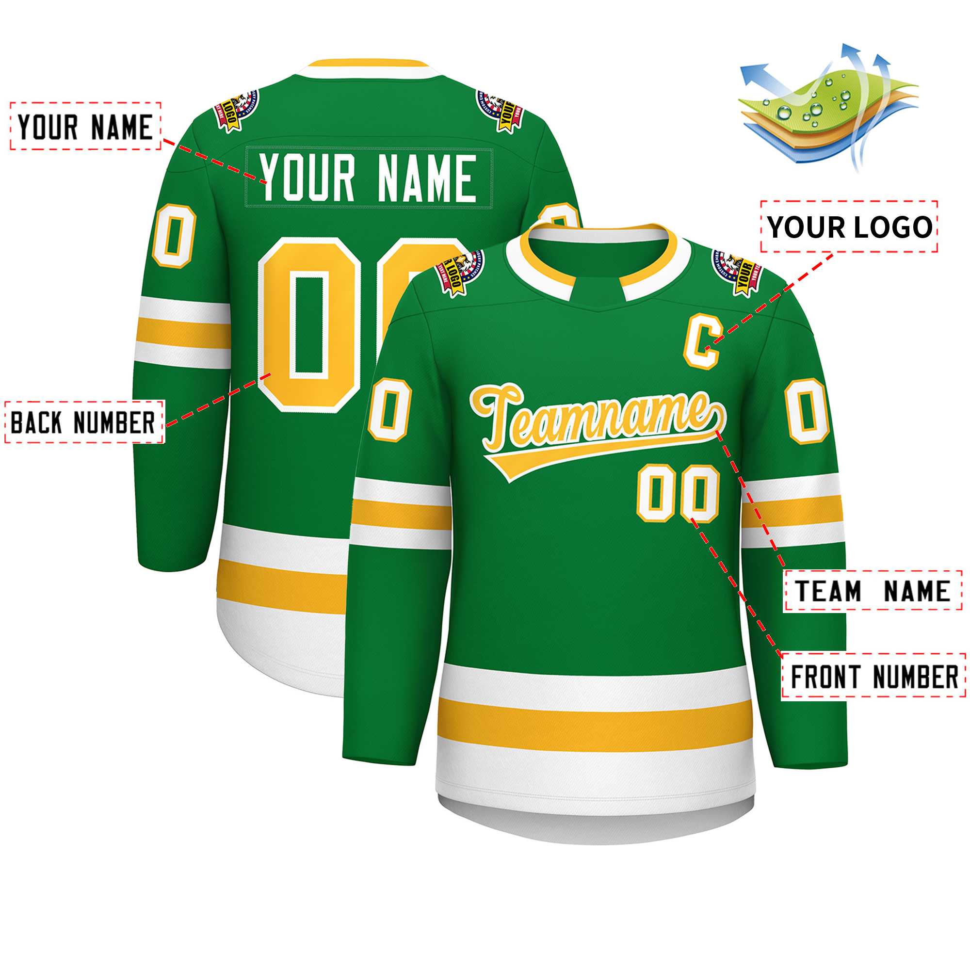 Maillot de hockey de style classique Kelly vert or-blanc personnalisé