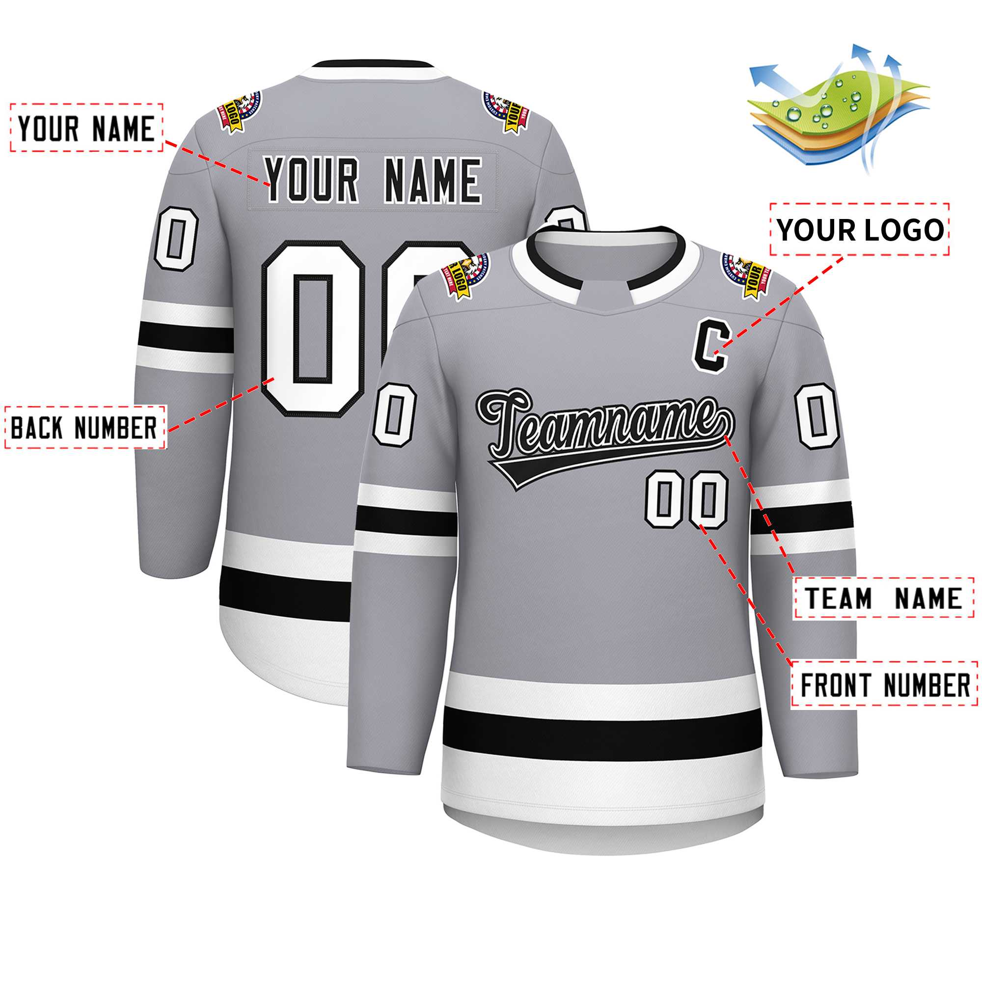 Maillot de hockey de style classique personnalisé gris noir blanc-noir