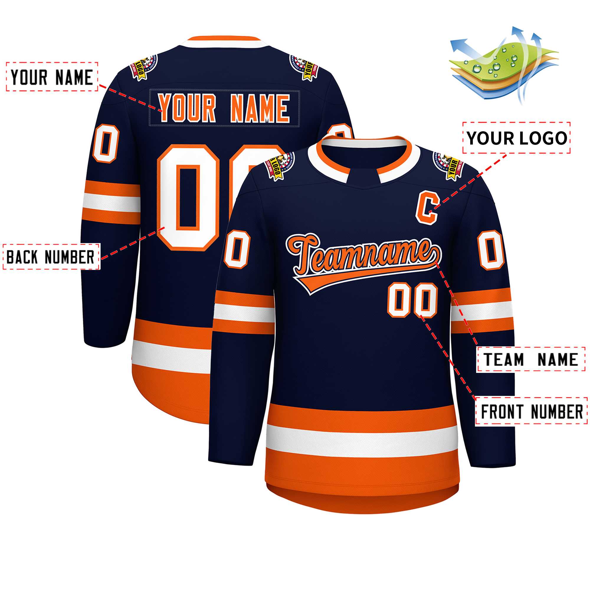 Custom Navy Orange Navy-White Classic Style Hockey Jersey