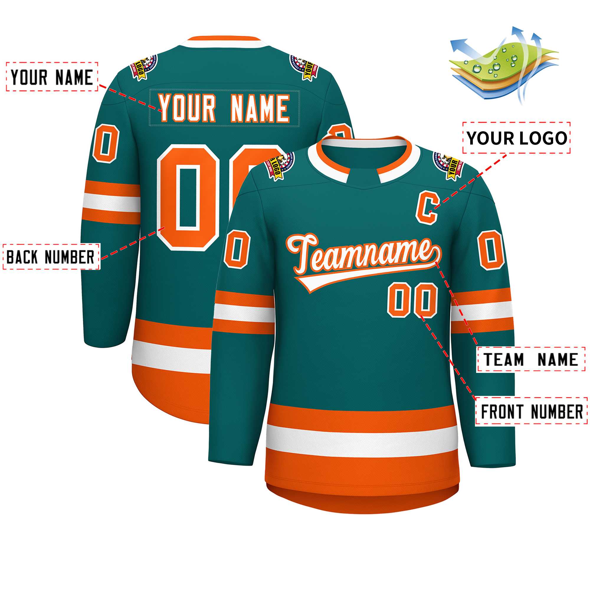 Custom Teal White-Orange Classic Style Hockey Jersey