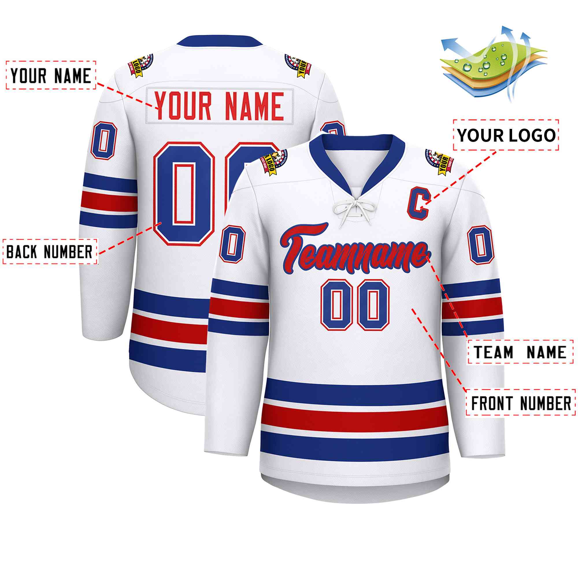 Custom White Royal-Red Lace-Up Neck Hockey Jersey