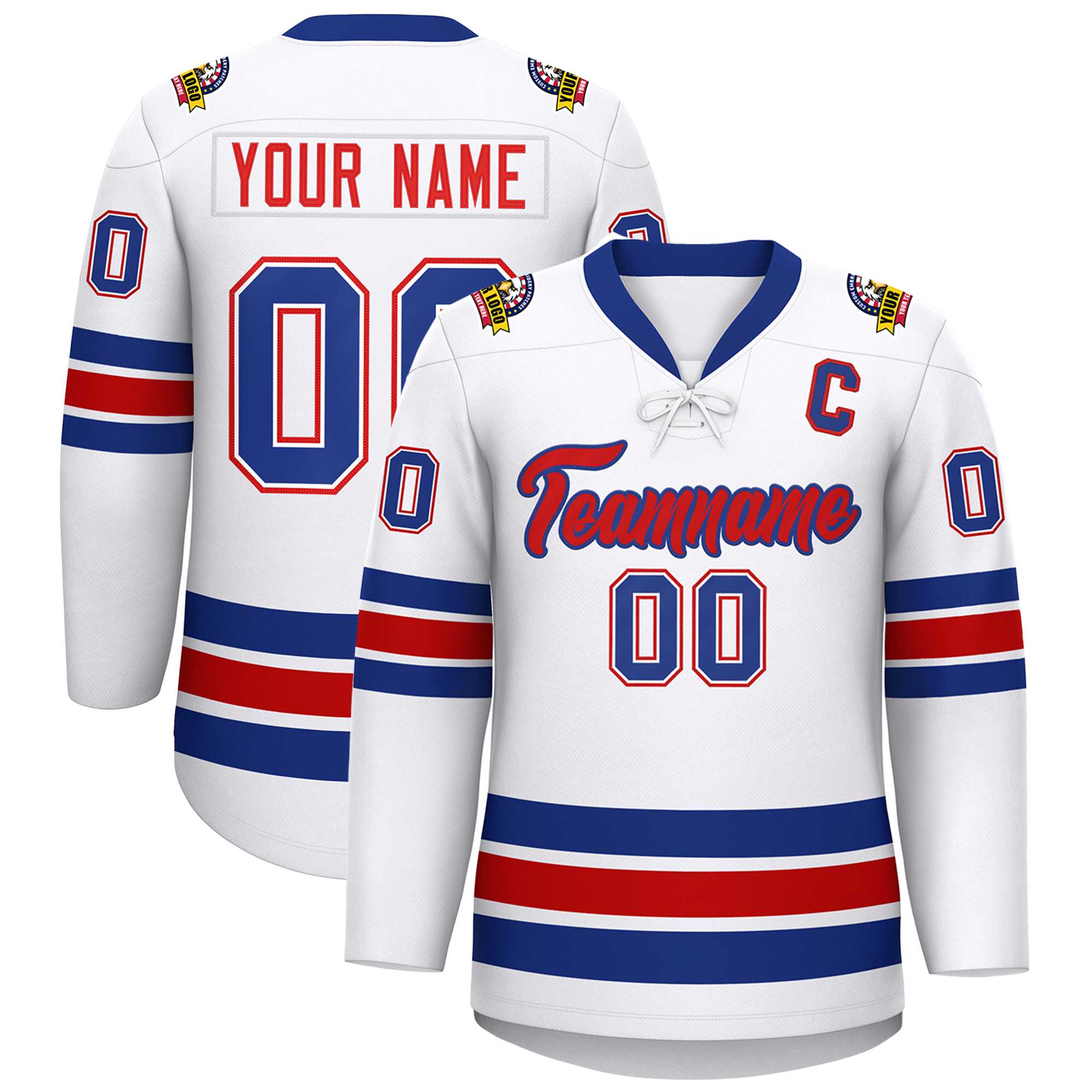 Custom White Royal-Red Lace-Up Neck Hockey Jersey