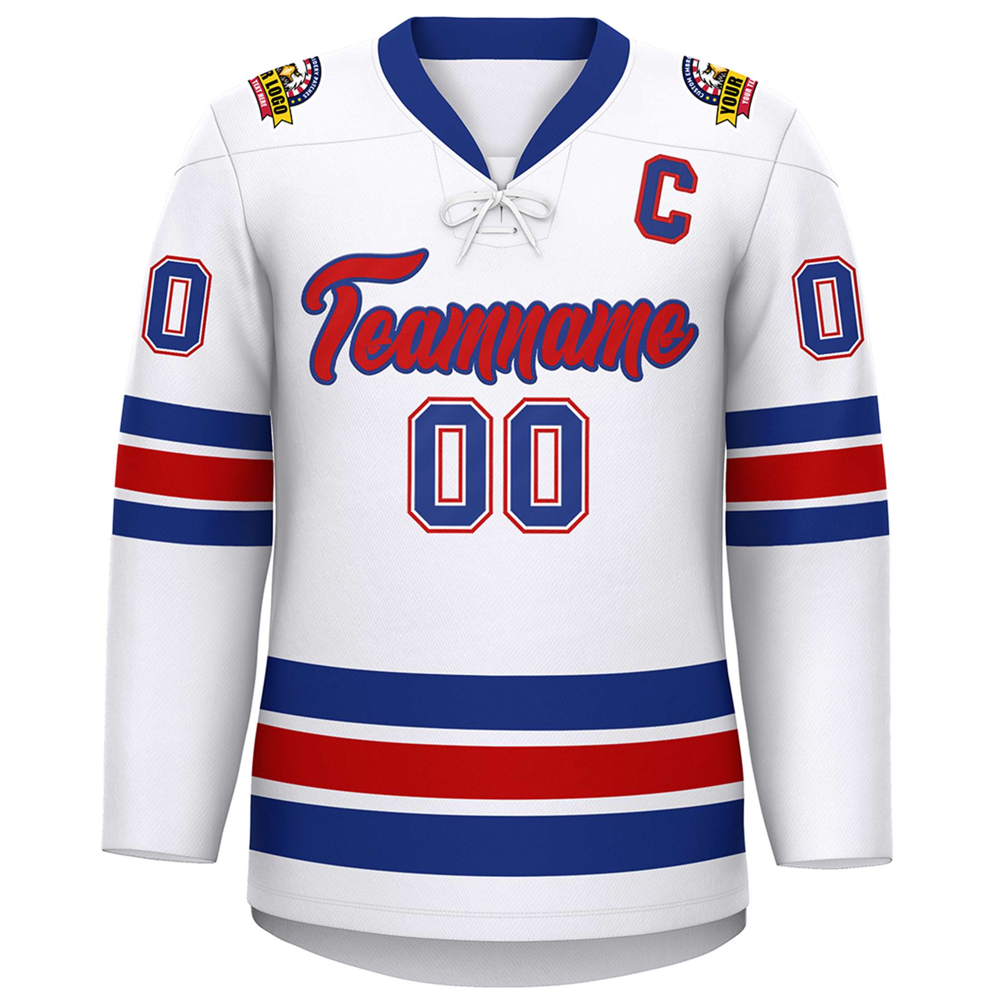 Custom White Royal-Red Lace-Up Neck Hockey Jersey