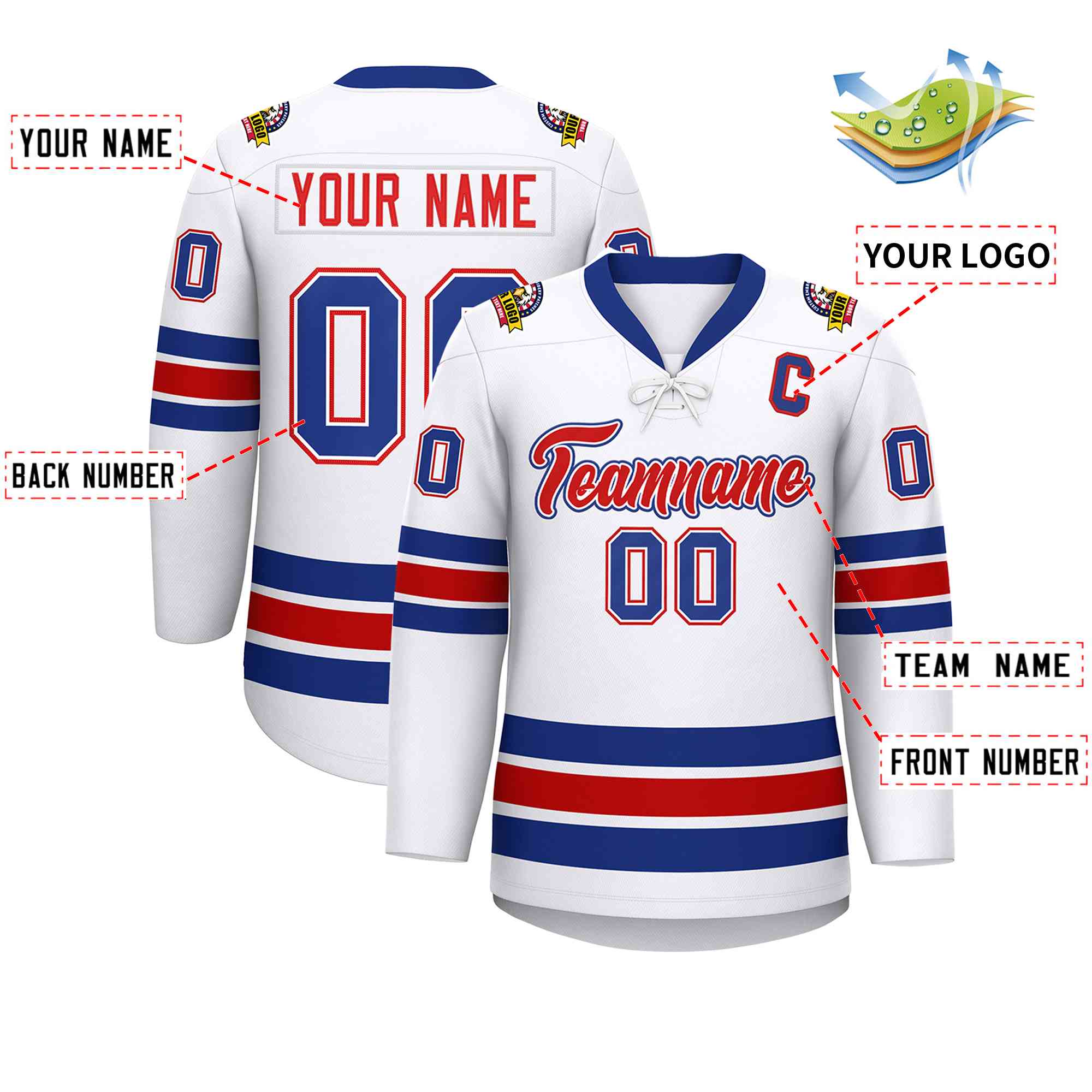 Custom White Royal-Red Lace-Up Neck Hockey Jersey