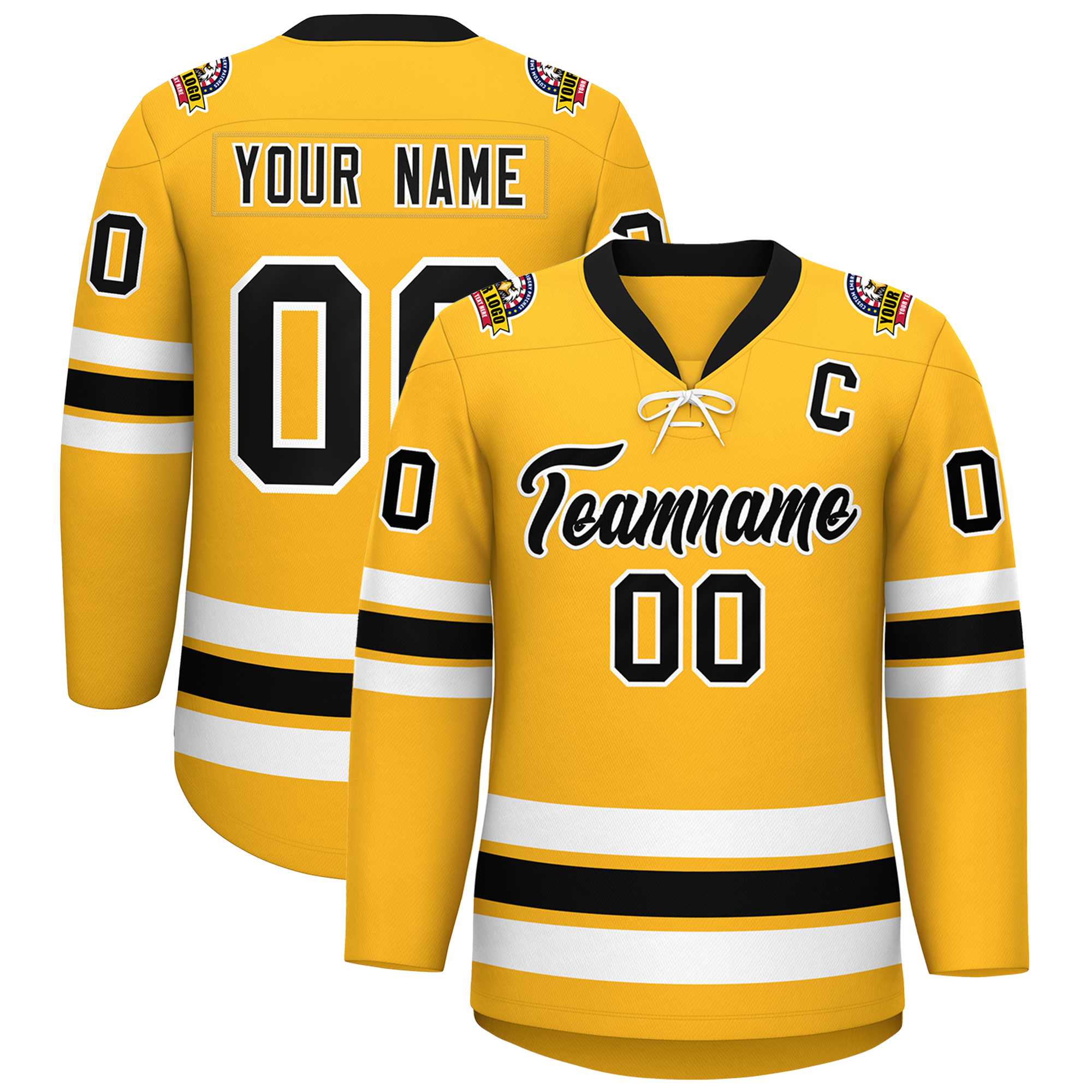 Custom Gold Black-White Lace-Up Neck Hockey Jersey