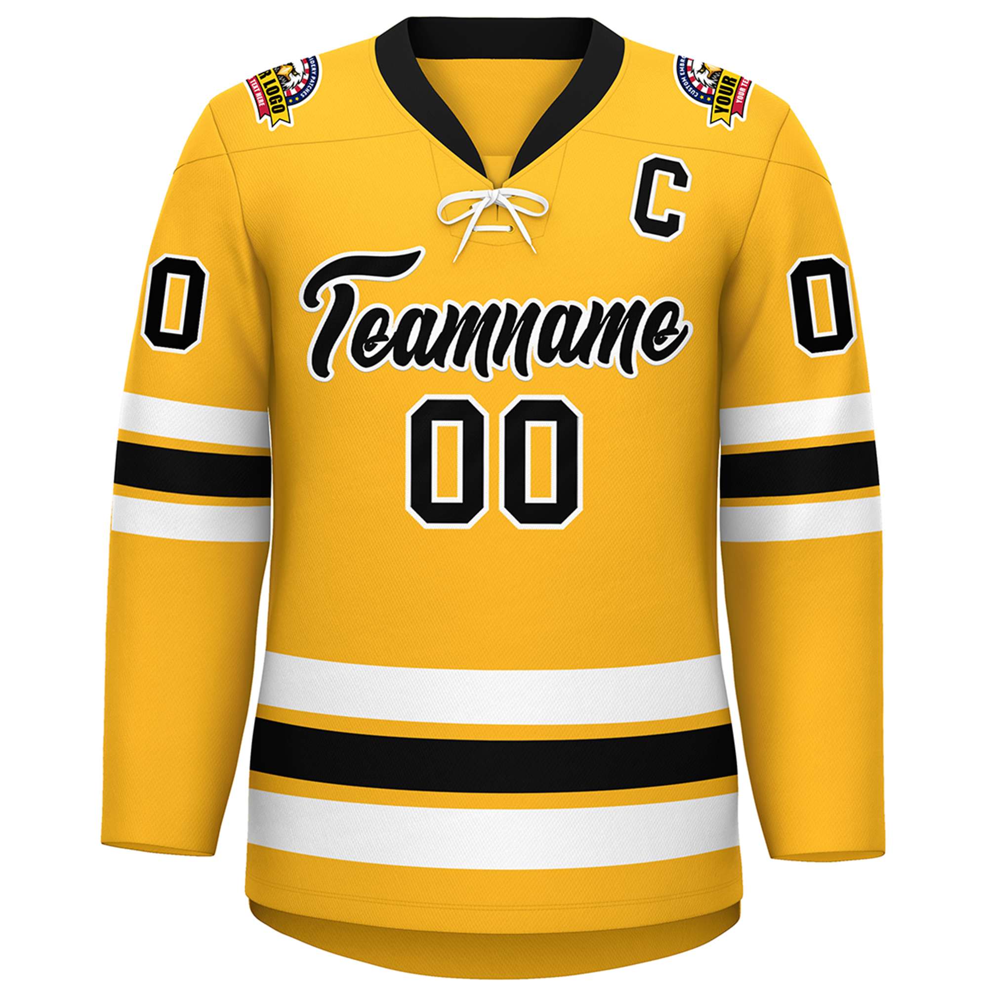 Custom Gold Black-White Lace-Up Neck Hockey Jersey