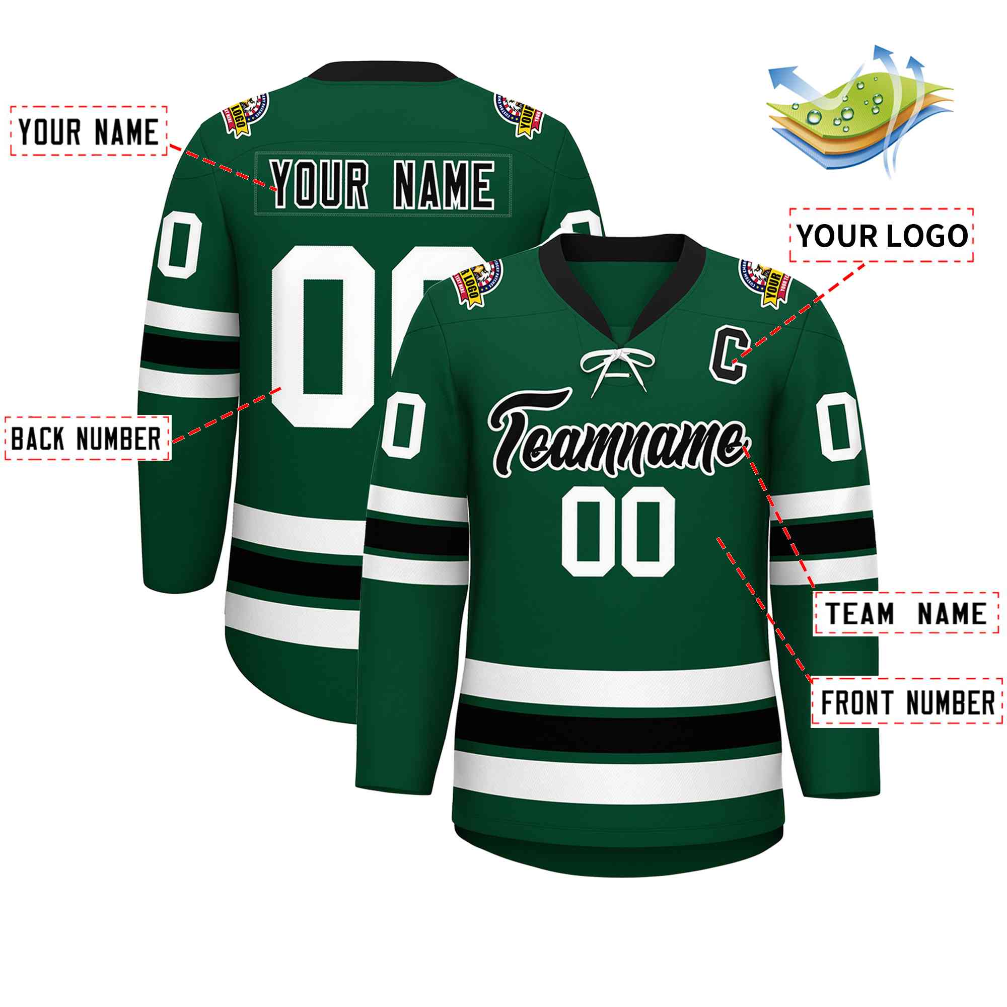 Custom Green Black-White Lace-Up Neck Hockey Jersey