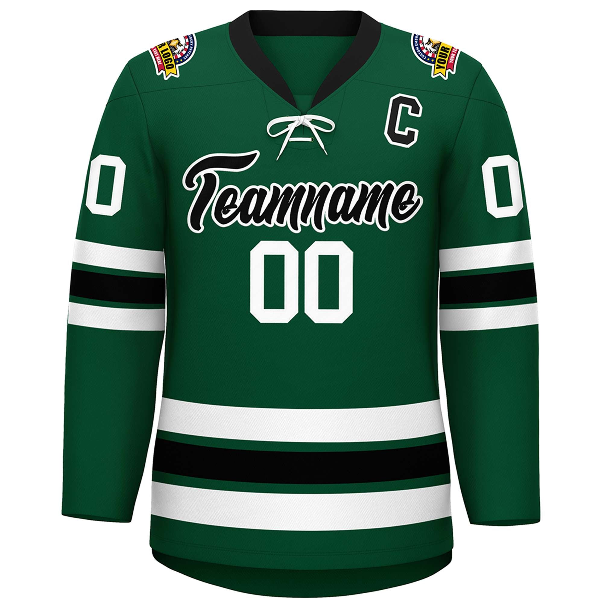 Custom Green Black-White Lace-Up Neck Hockey Jersey