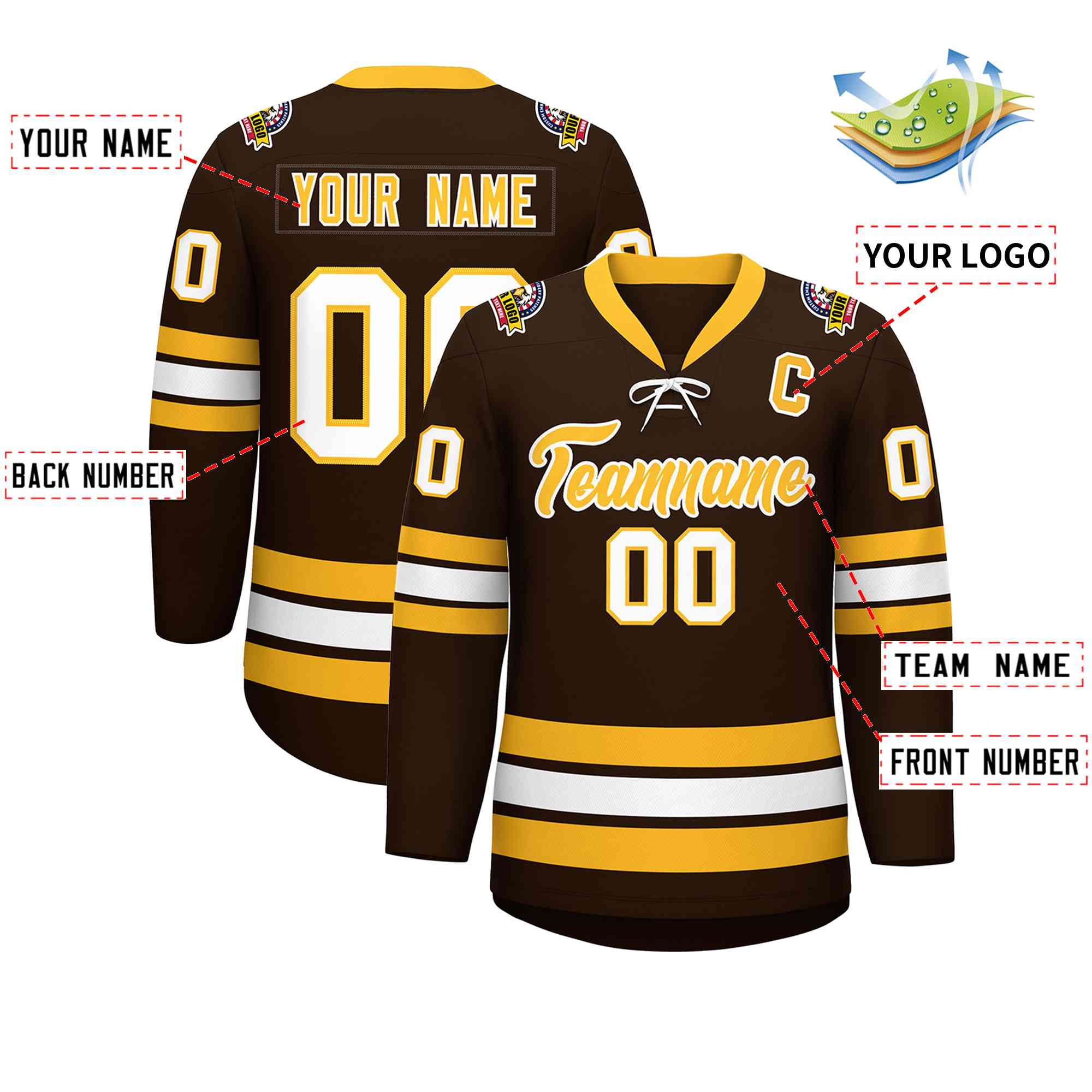 Custom Brown Yellow-White Lace-Up Neck Hockey Jersey