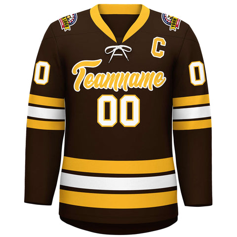 Custom Brown Yellow-White Lace-Up Neck Hockey Jersey