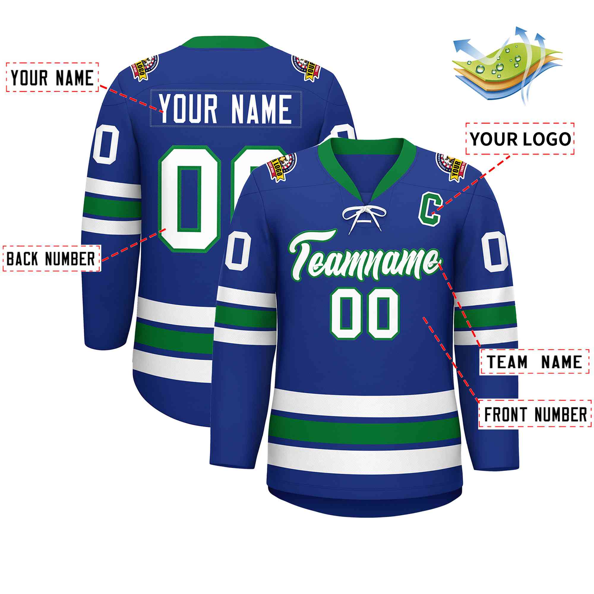 Custom Royal White-Kelly Green Lace-Up Neck Hockey Jersey