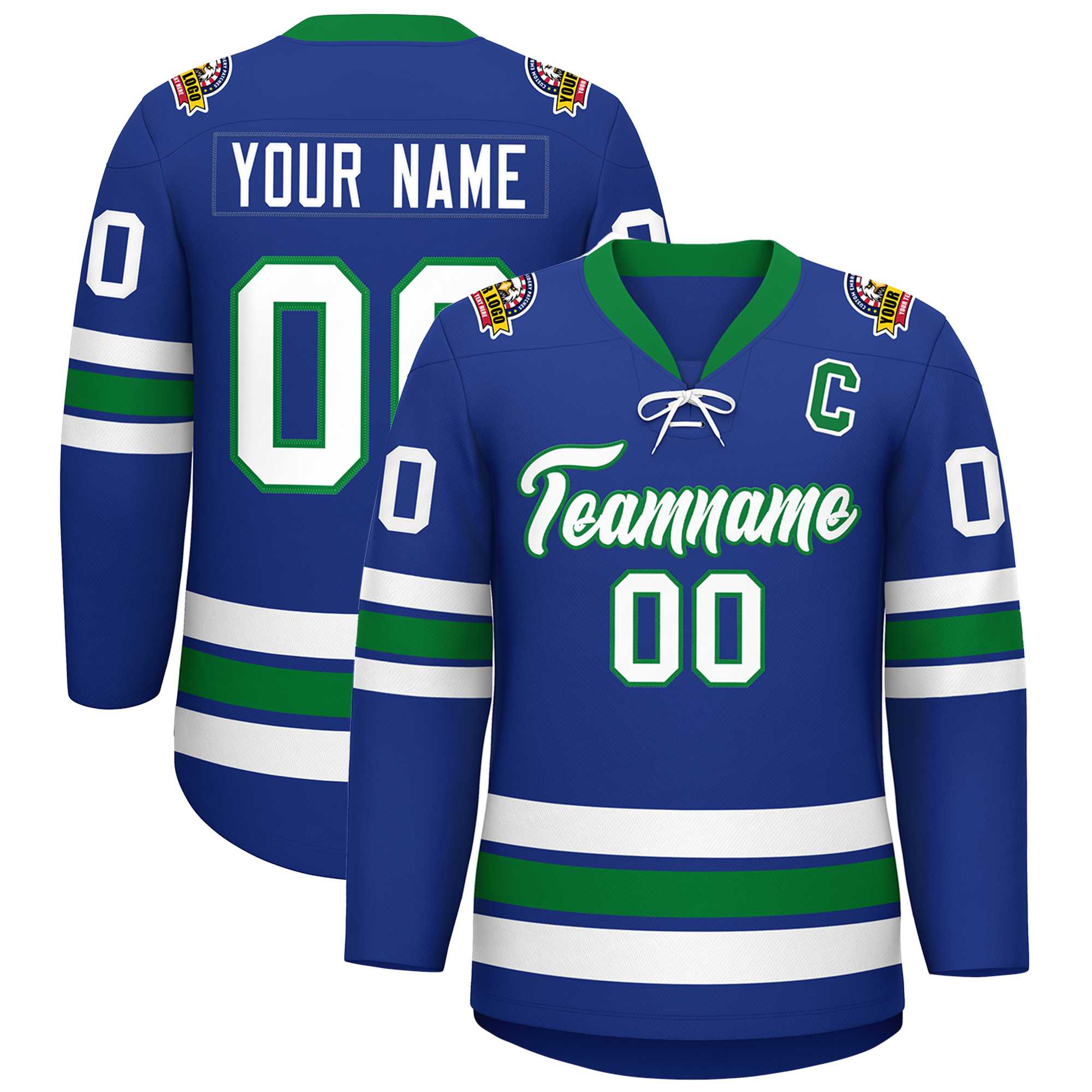 Custom Royal White-Kelly Green Lace-Up Neck Hockey Jersey