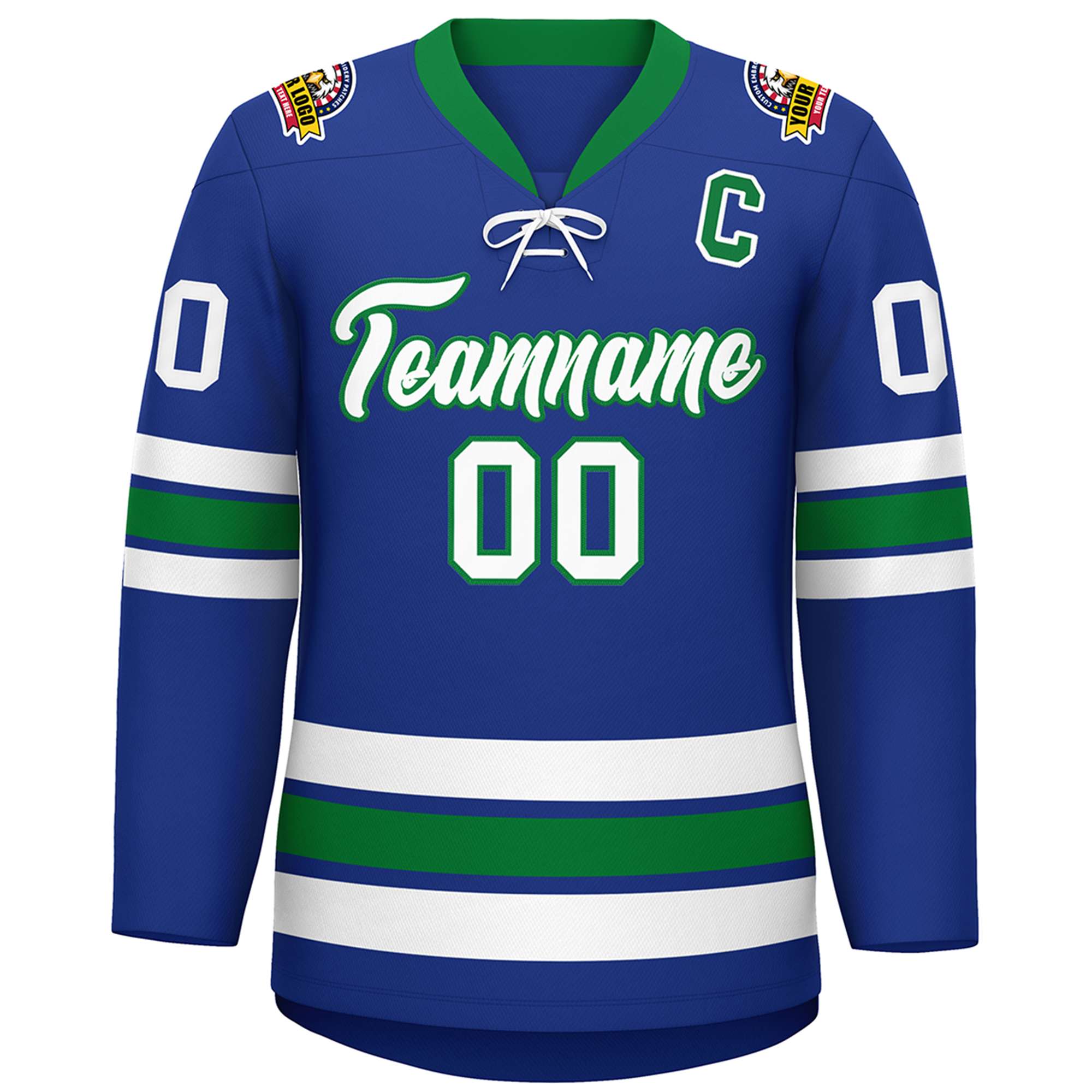 Custom Royal White-Kelly Green Lace-Up Neck Hockey Jersey