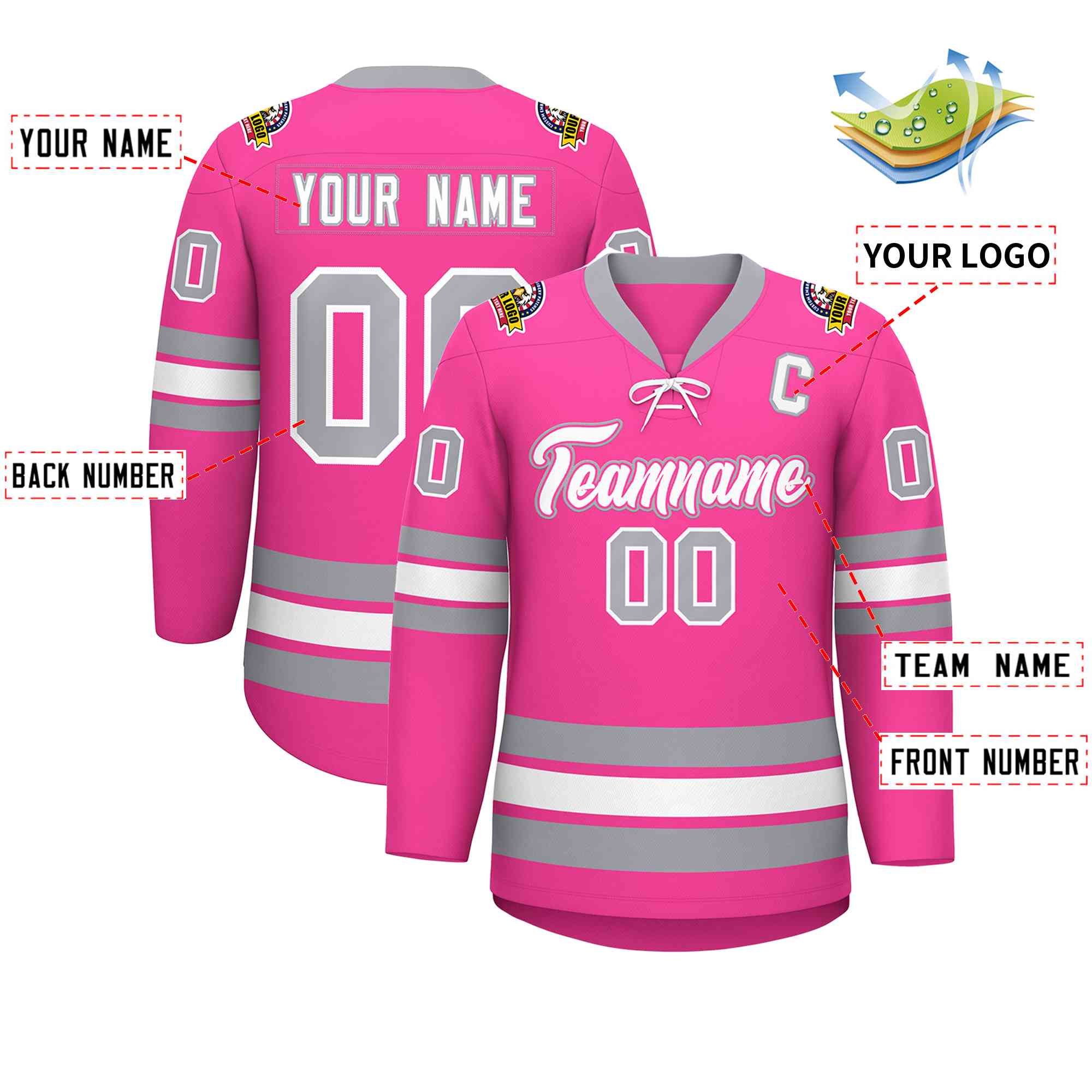 Custom Pink White-Gray Lace-Up Neck Hockey Jersey