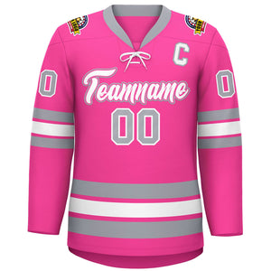 Custom Pink White-Gray Lace-Up Neck Hockey Jersey