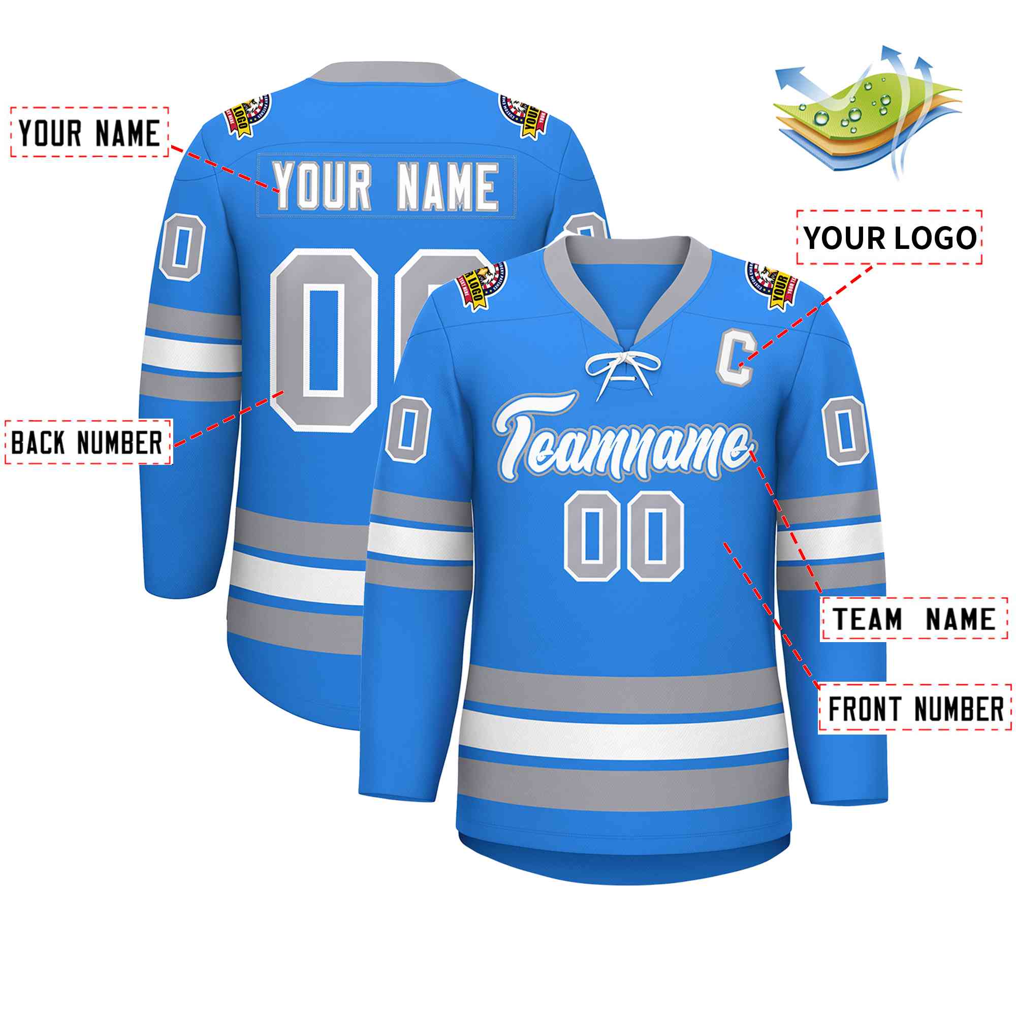 Custom Powder Blue White-Gray Lace-Up Neck Hockey Jersey