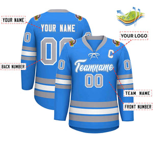 Custom Powder Blue White-Gray Lace-Up Neck Hockey Jersey