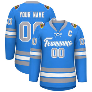 Custom Powder Blue White-Gray Lace-Up Neck Hockey Jersey