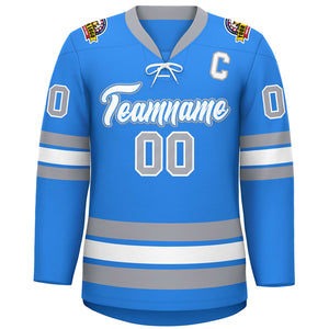 Custom Powder Blue White-Gray Lace-Up Neck Hockey Jersey