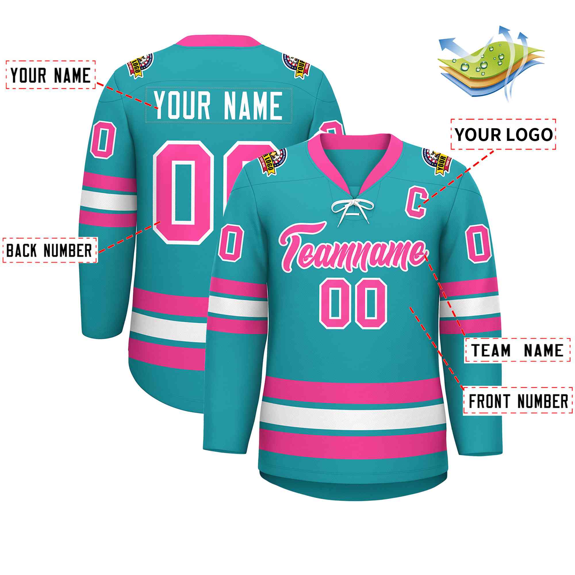 Custom Aqua Pink-White Lace-Up Neck Hockey Jersey