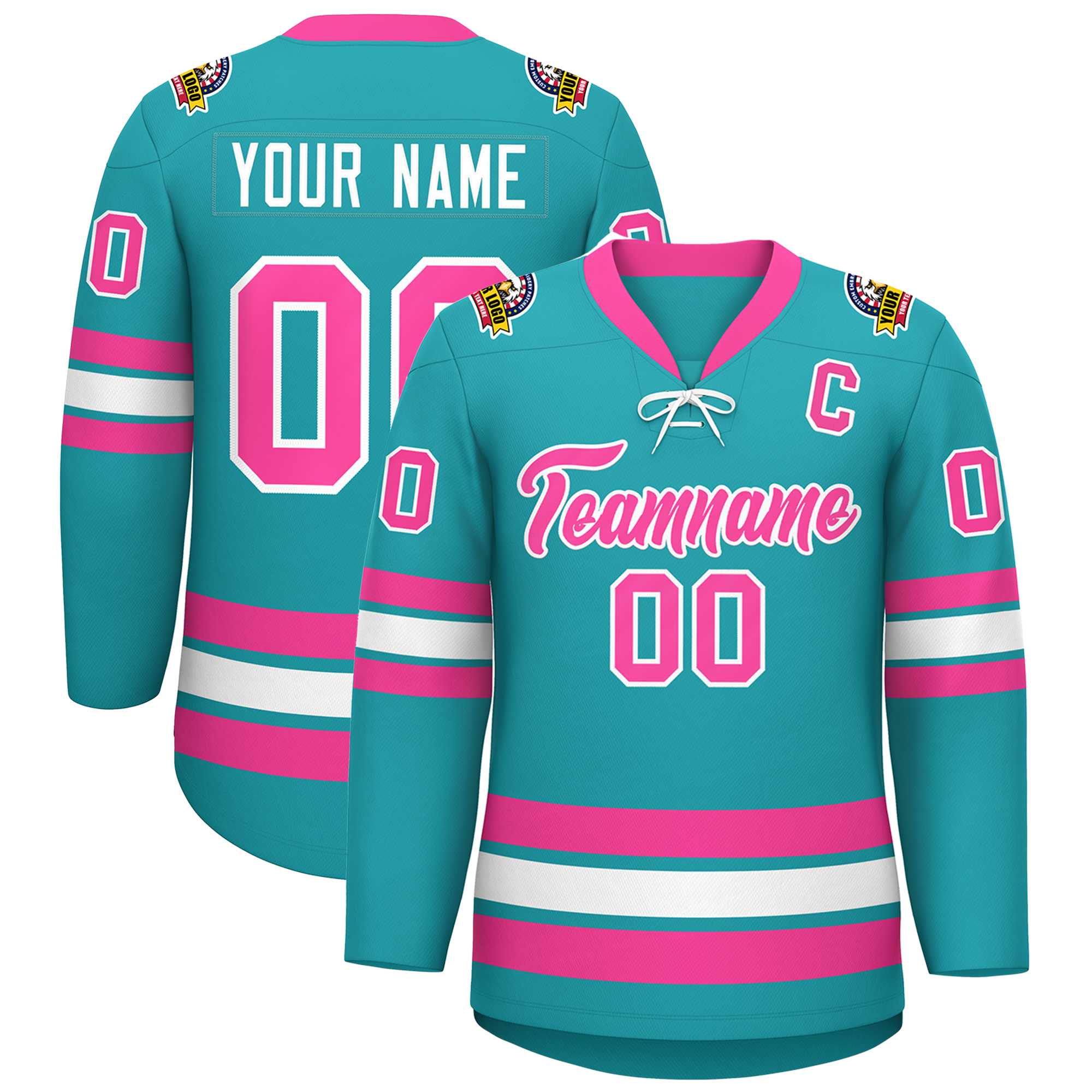 Custom Aqua Pink-White Lace-Up Neck Hockey Jersey